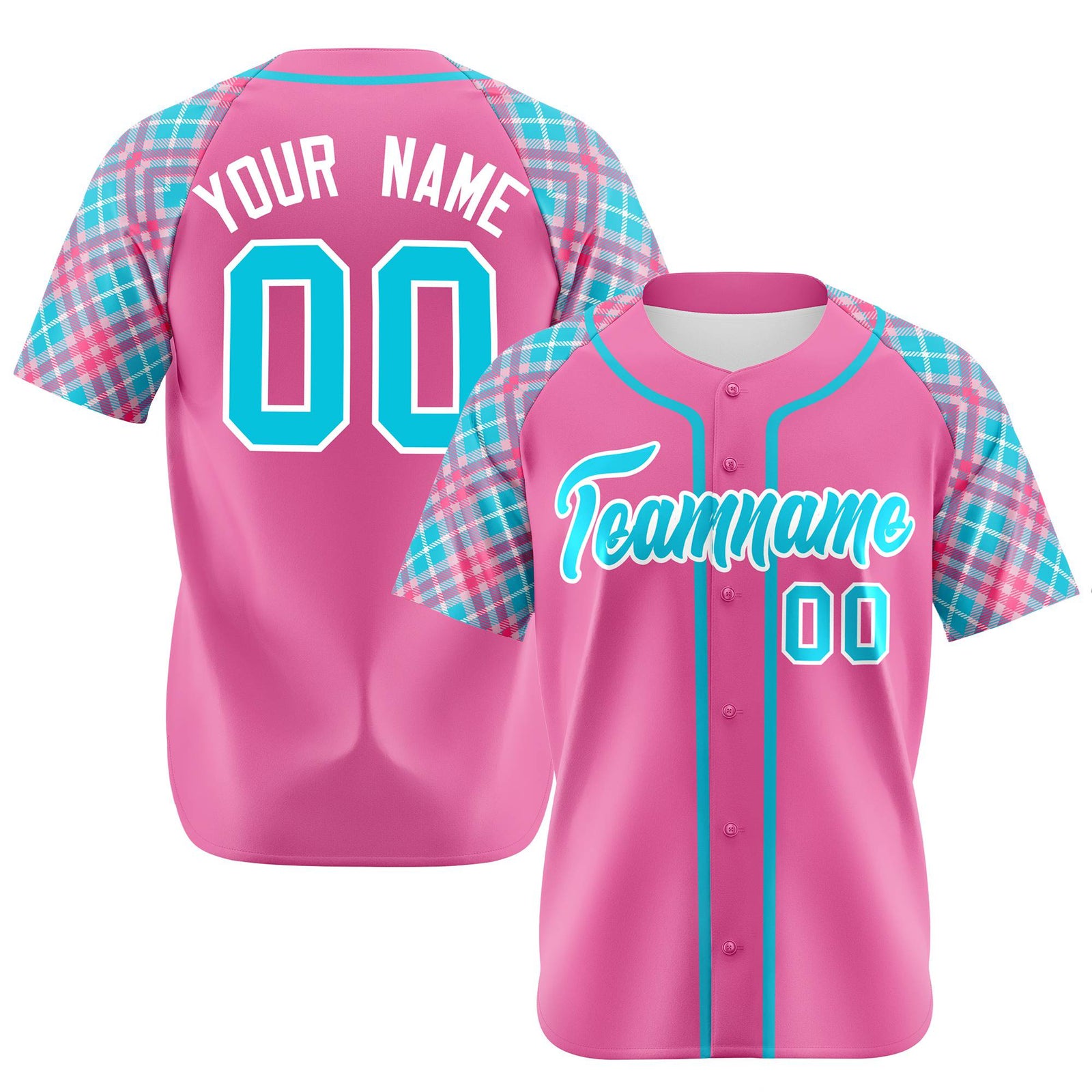 Custom Pink Light Blue-White Authentic Plaid sleeve Baseball Jersey