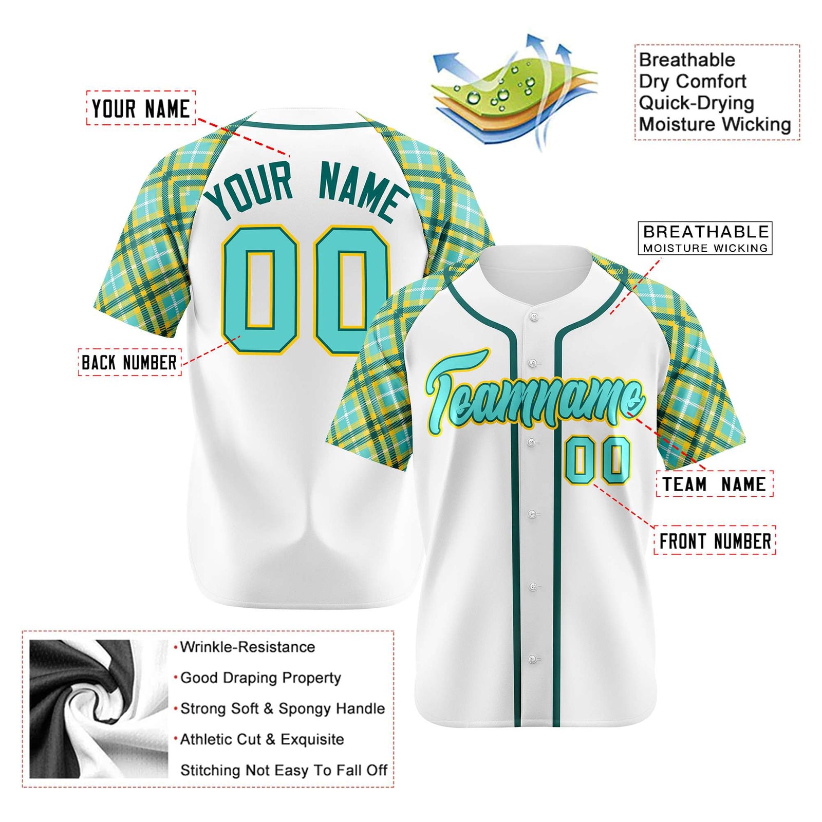 Custom White Light-Blue Yellow Authentic Plaid sleeve Baseball Jersey