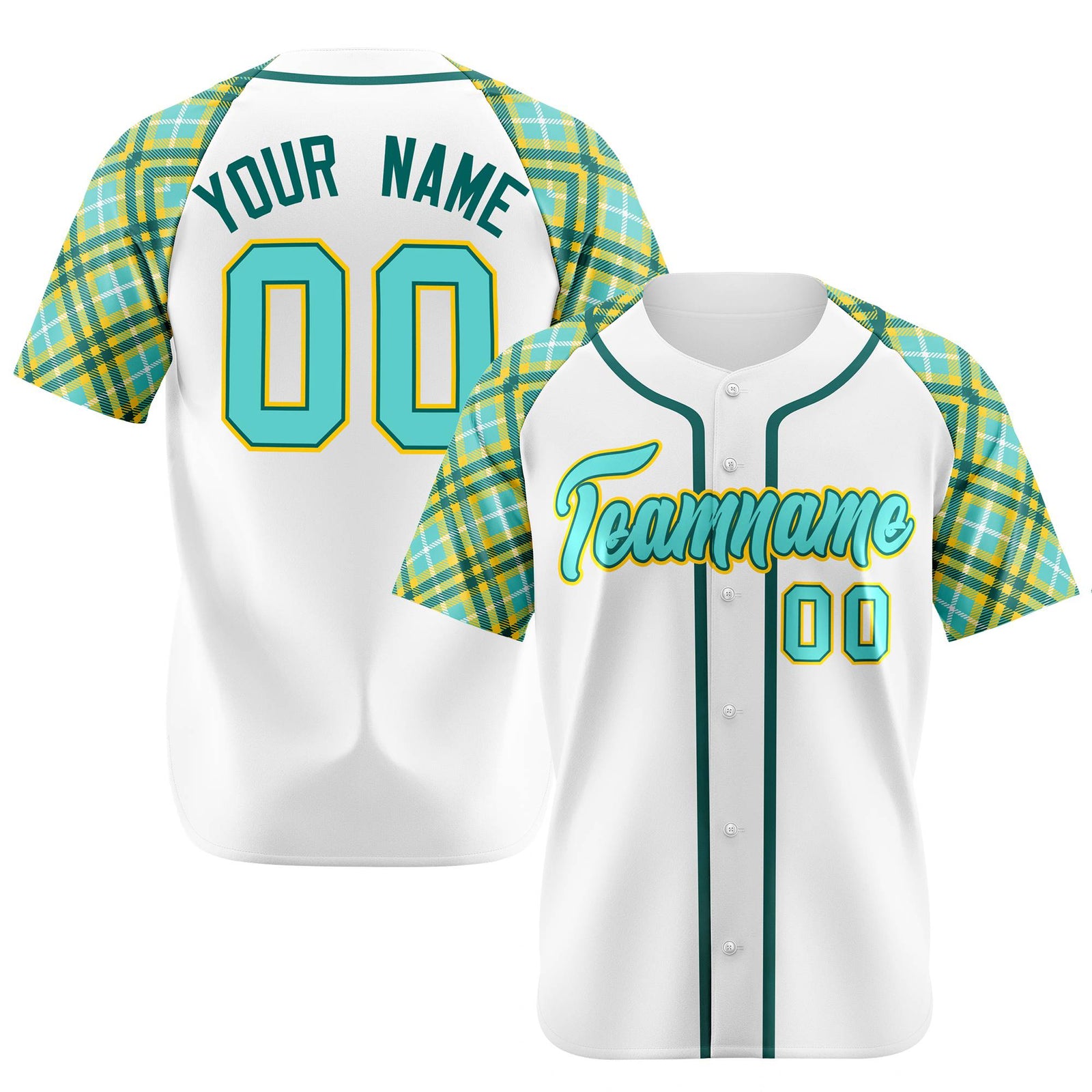 Custom White Light-Blue Yellow Authentic Plaid sleeve Baseball Jersey