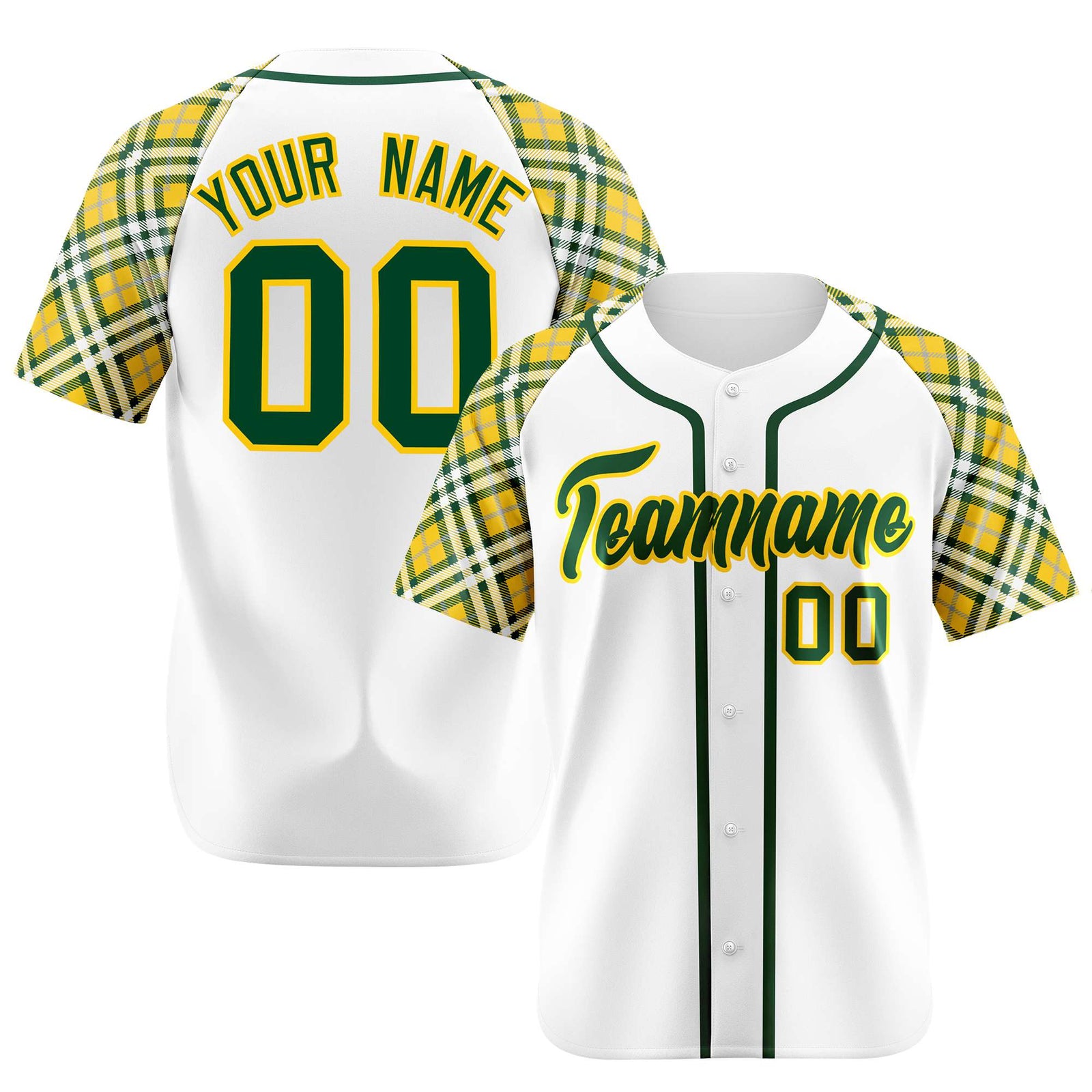 Custom White Yellow Kelly-Green Authentic Plaid sleeve Baseball Jersey
