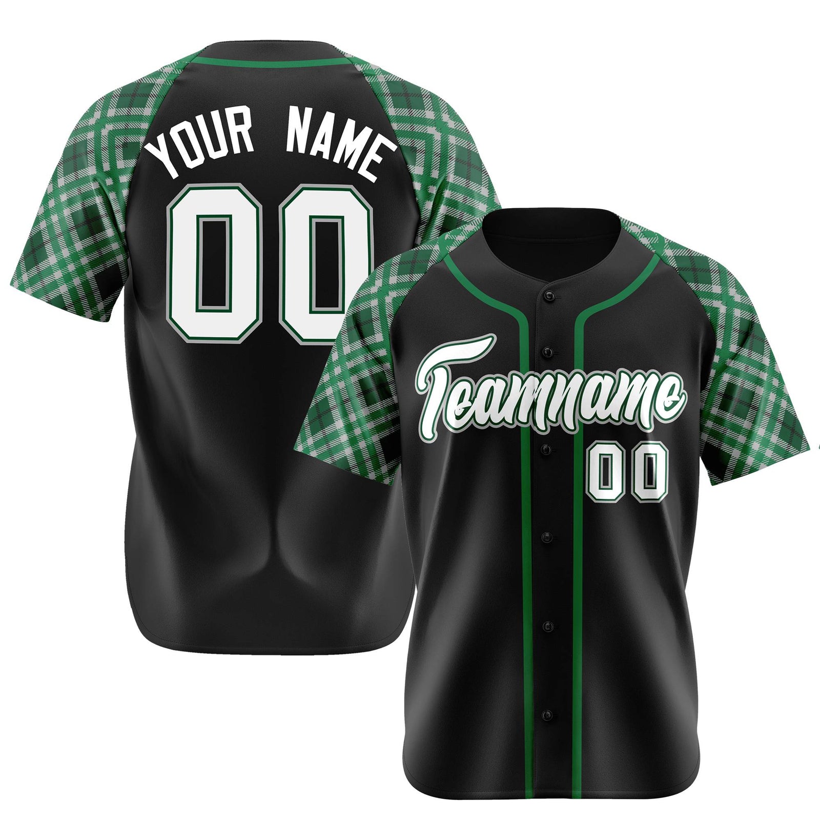 Custom Black Kelly-Green White Authentic Plaid sleeve Baseball Jersey