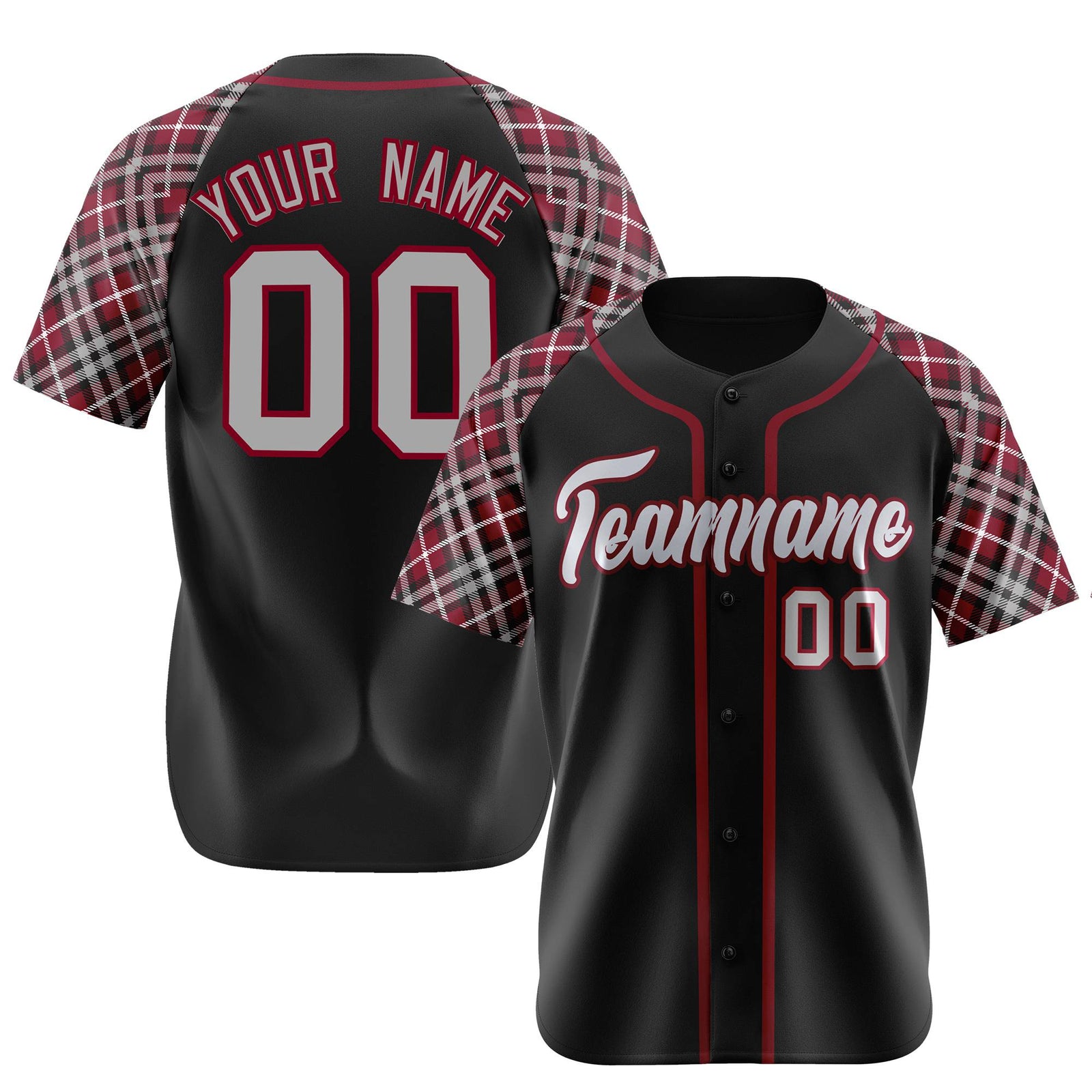 Custom Black Crimson-Gray Authentic Plaid sleeve Baseball Jersey