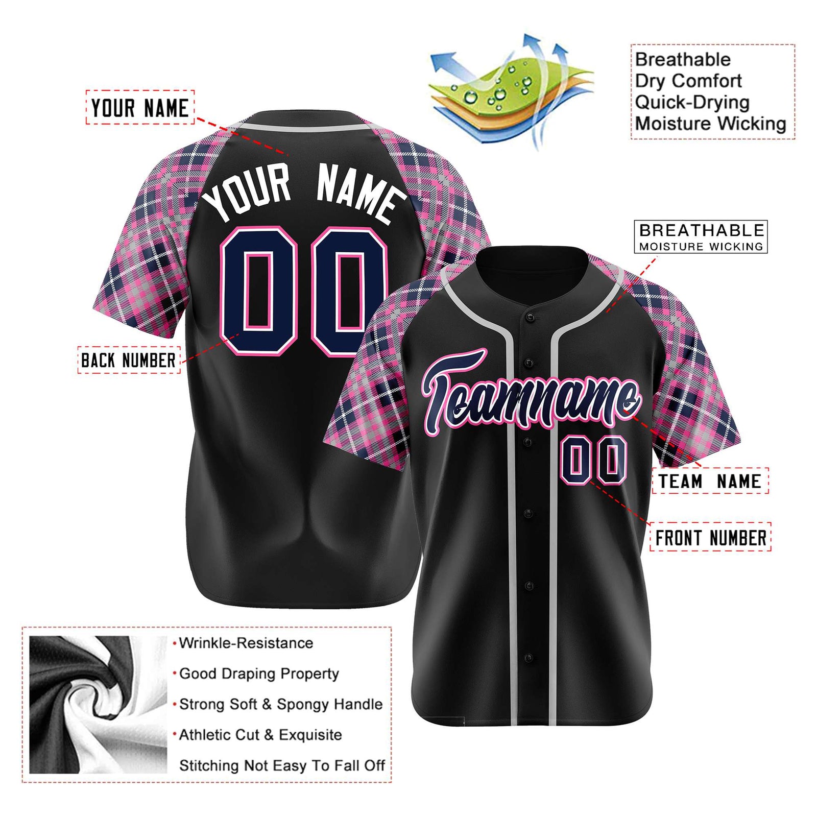 Custom Black Pink-Navy White Authentic Plaid sleeve Baseball Jersey