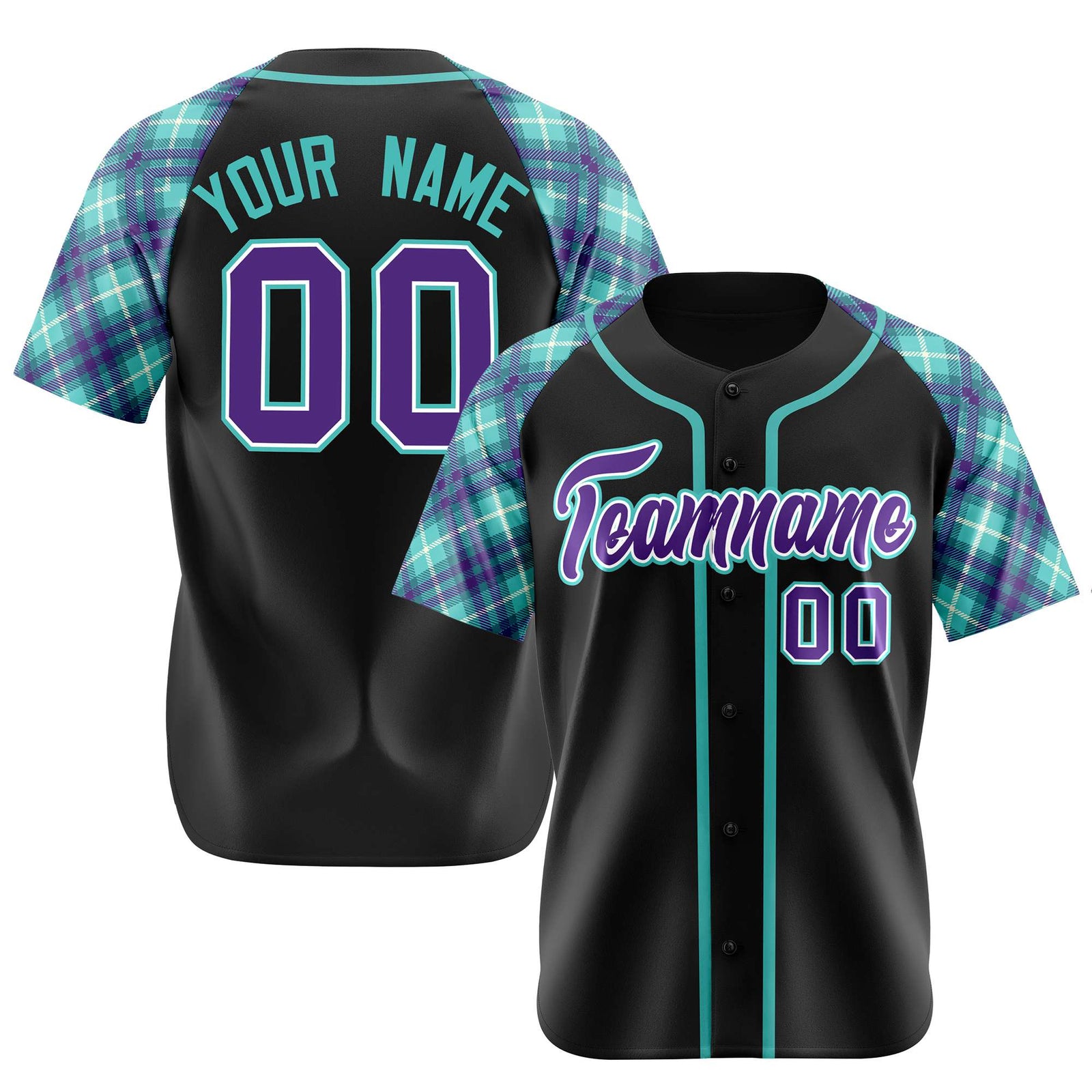 Custom Black Purple Light-Bule Authentic Plaid sleeve Baseball Jersey