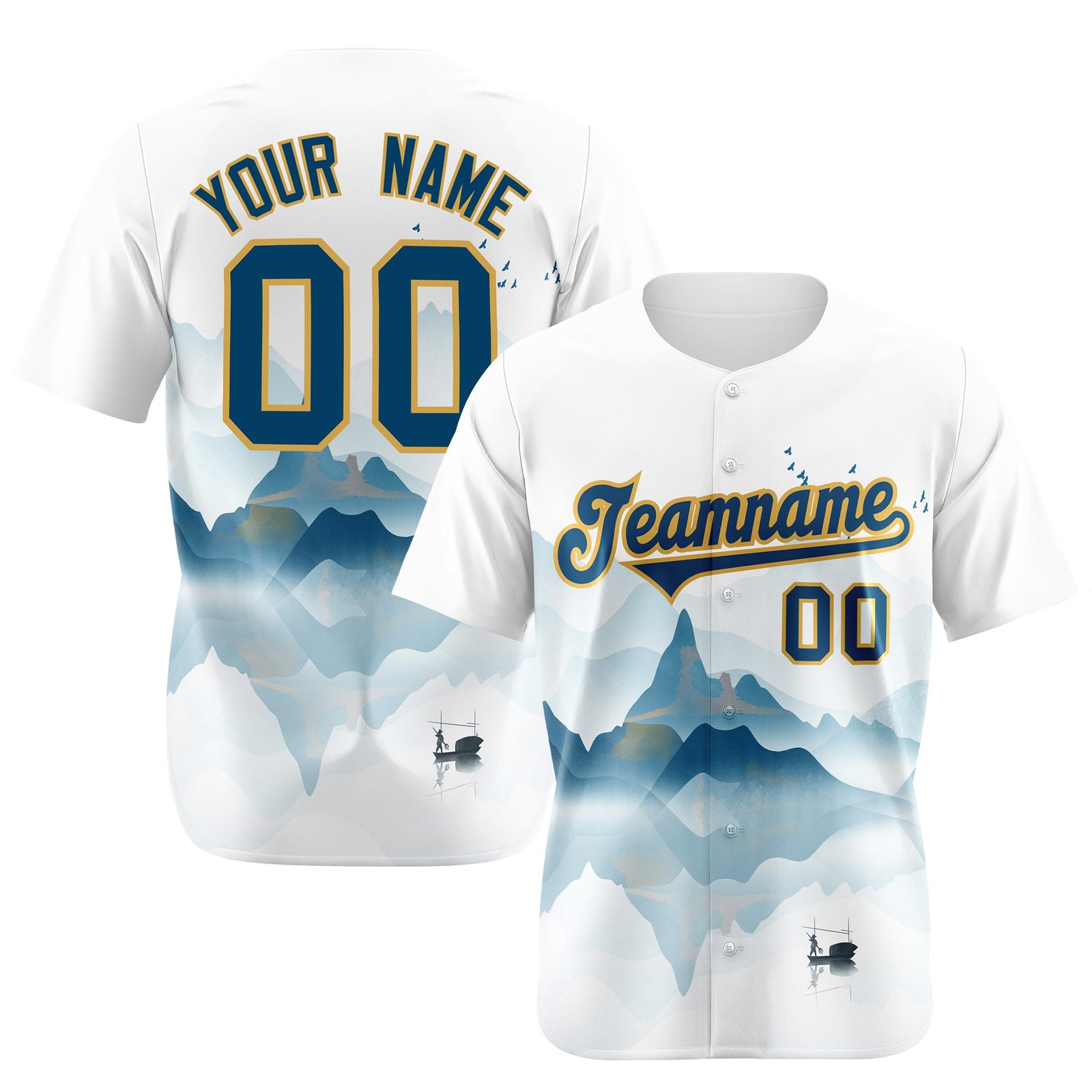 Custom White Light Blue Gold Authentic Printed Fashion Baseball Jersey