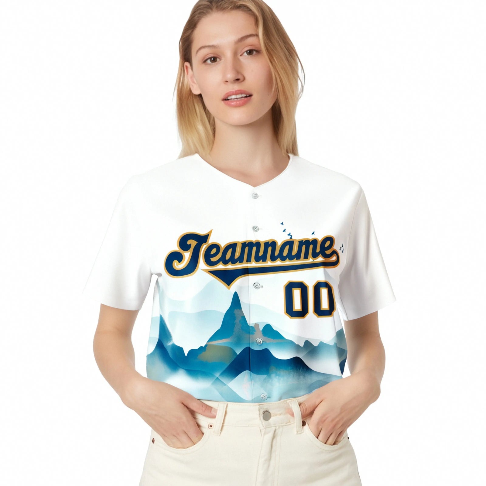 Custom White Light Blue Gold Authentic Printed Fashion Baseball Jersey
