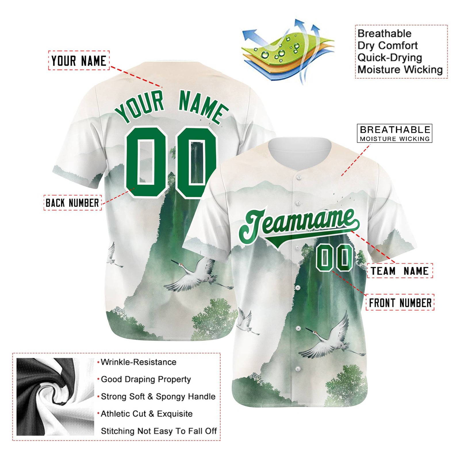 Custom White Green White Authentic Printed Fashion Baseball Jersey