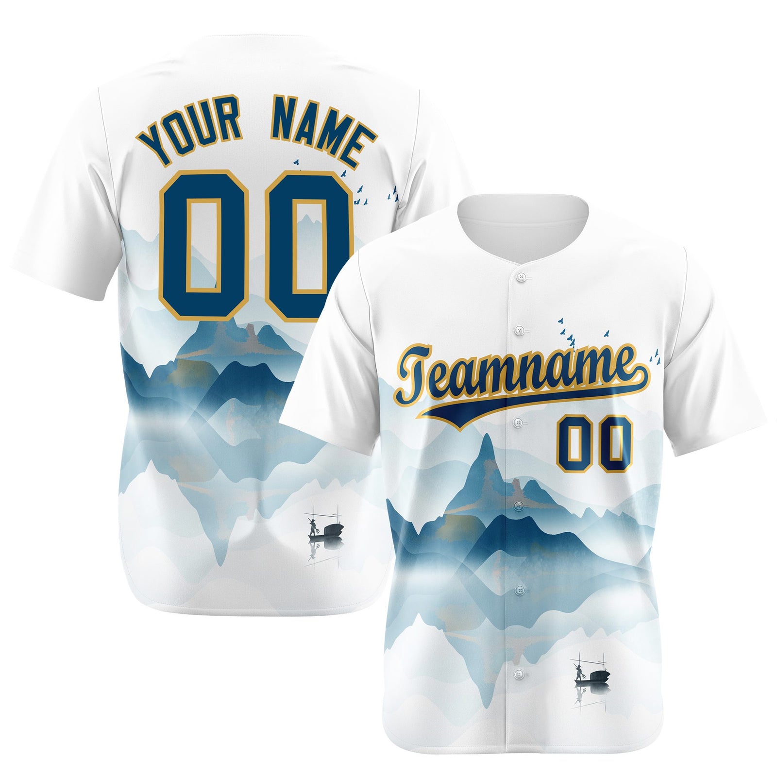 Custom White Light Blue Gold Authentic Printed Fashion Baseball Jersey