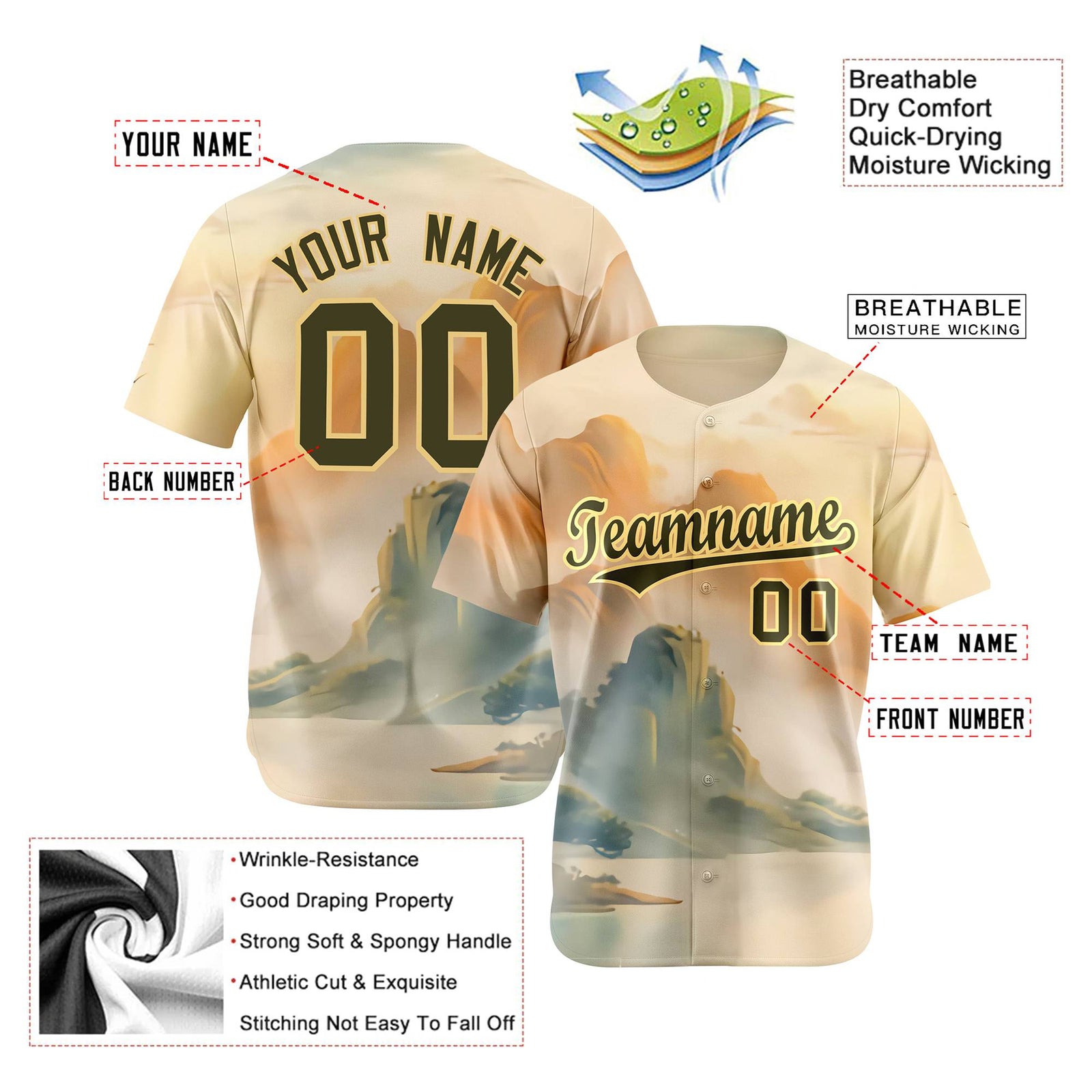 Custom White Brown Orange Authentic Printed Fashion Baseball Jersey