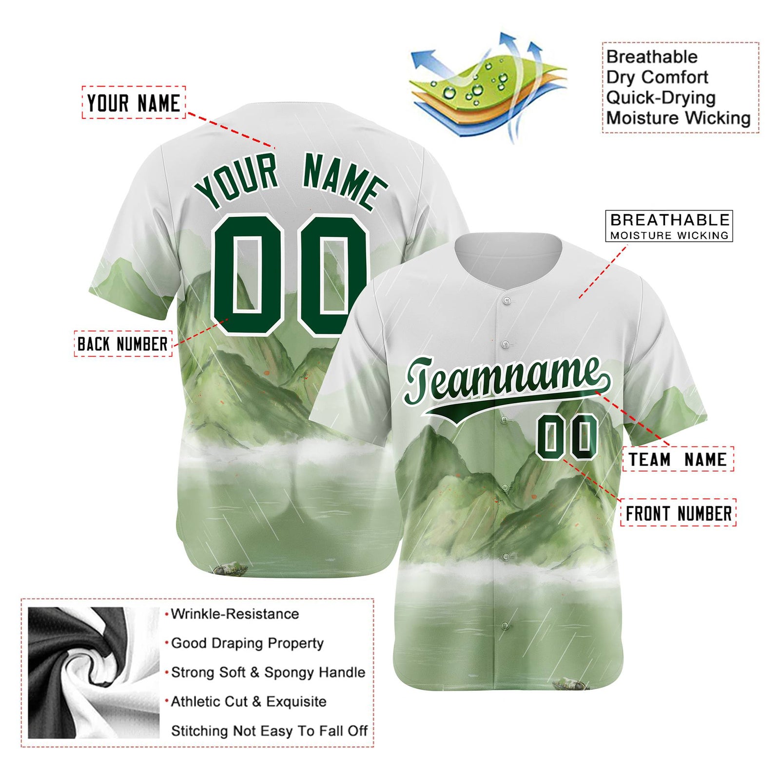 Custom White Kelly Green Authentic Printed Fashion Baseball Jersey