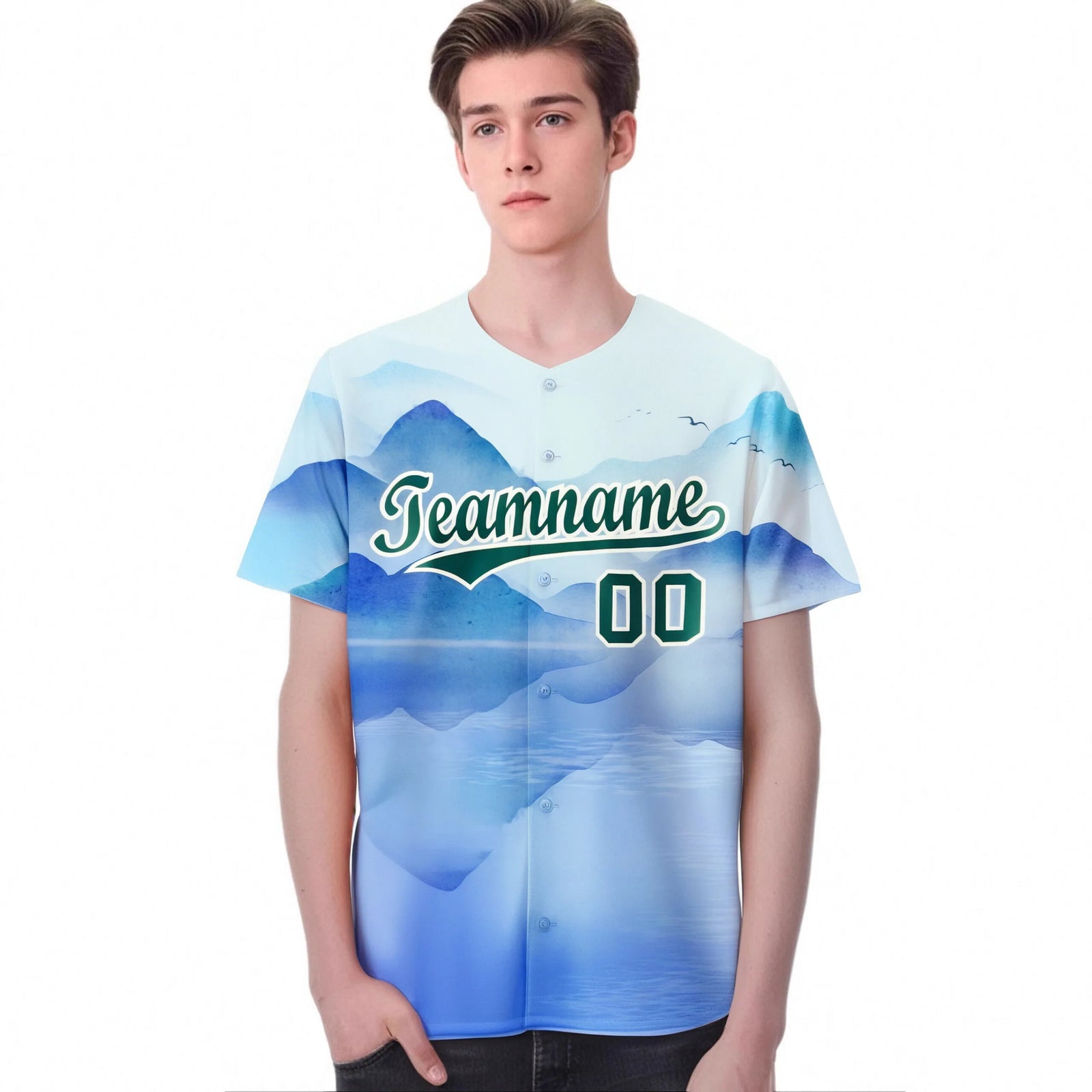 Custom White Kelly Green Blue Authentic Printed Fashion Baseball Jersey