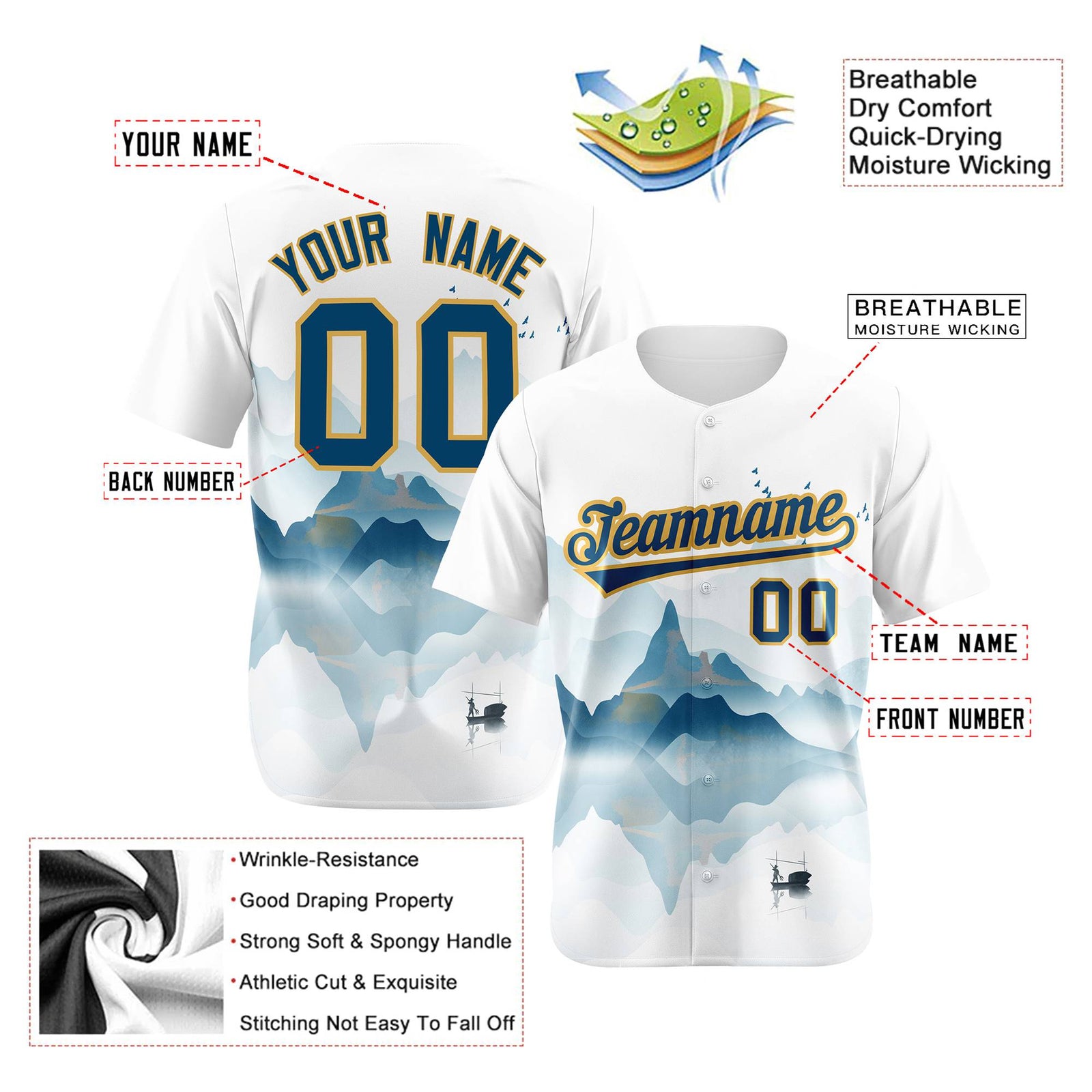Custom White Light Blue Gold Authentic Printed Fashion Baseball Jersey