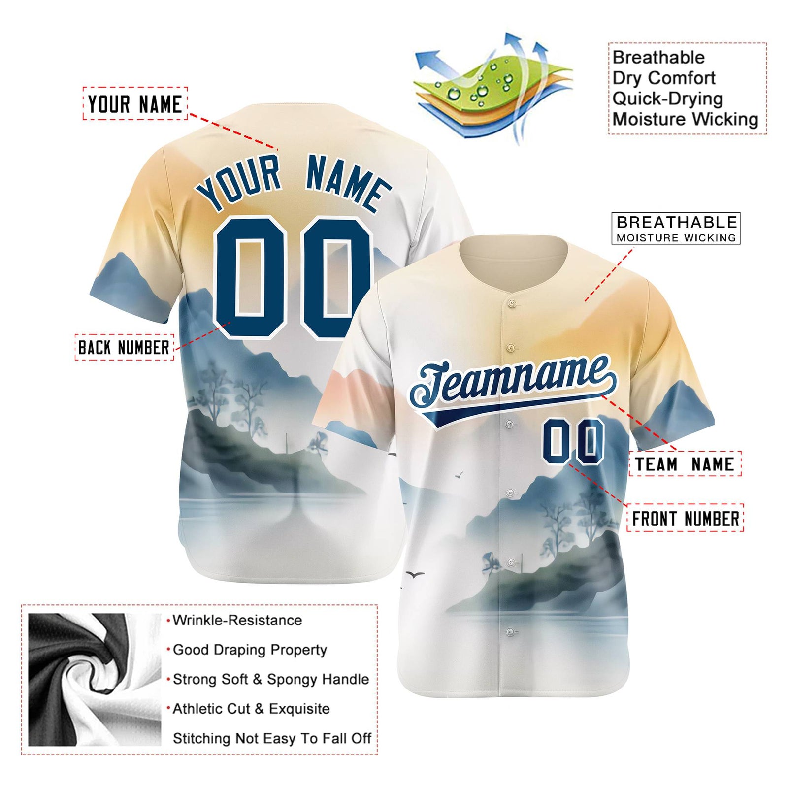 Custom White Light Blue Orange Authentic Printed Fashion Baseball Jersey