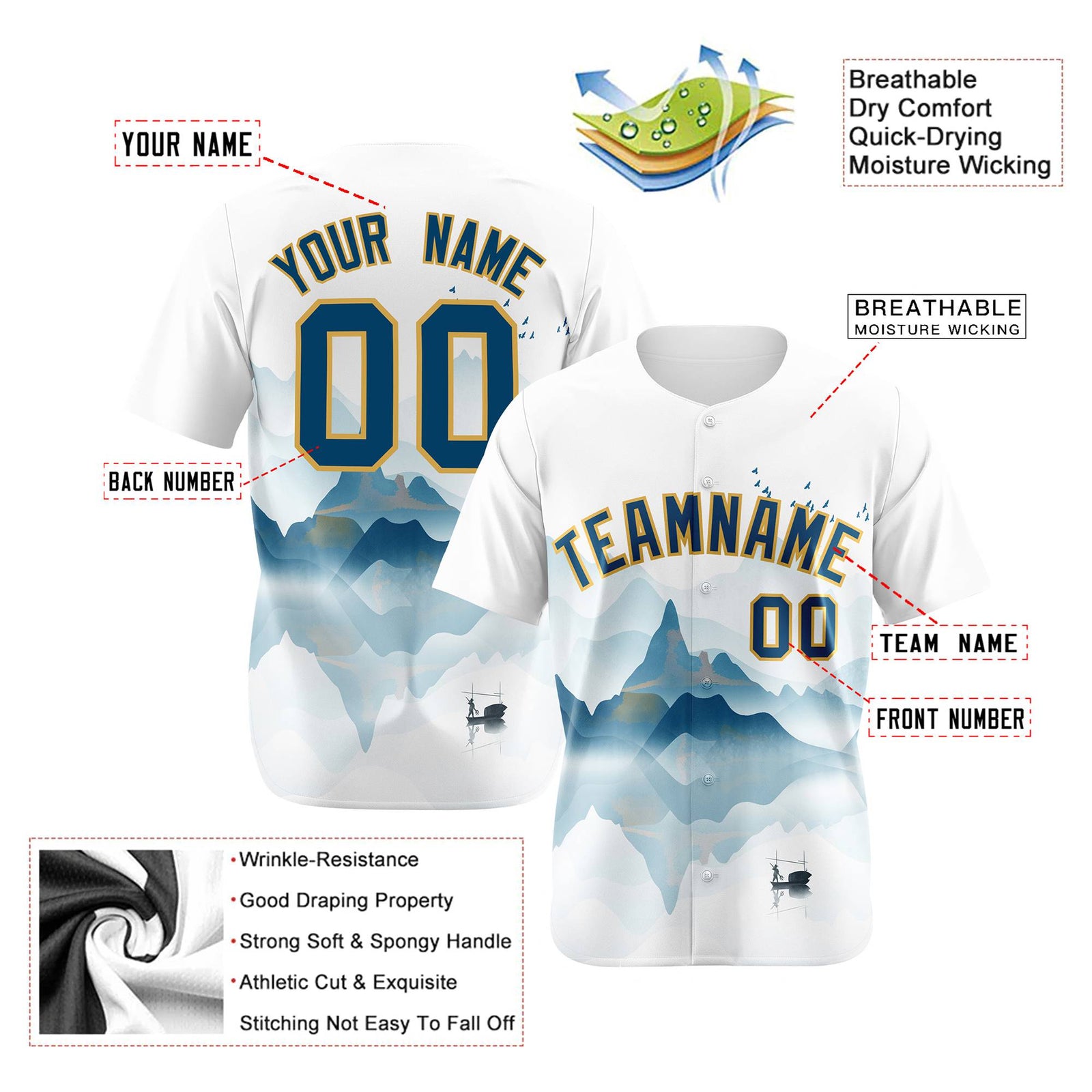 Custom White Light Blue Gold Authentic Printed Fashion Baseball Jersey