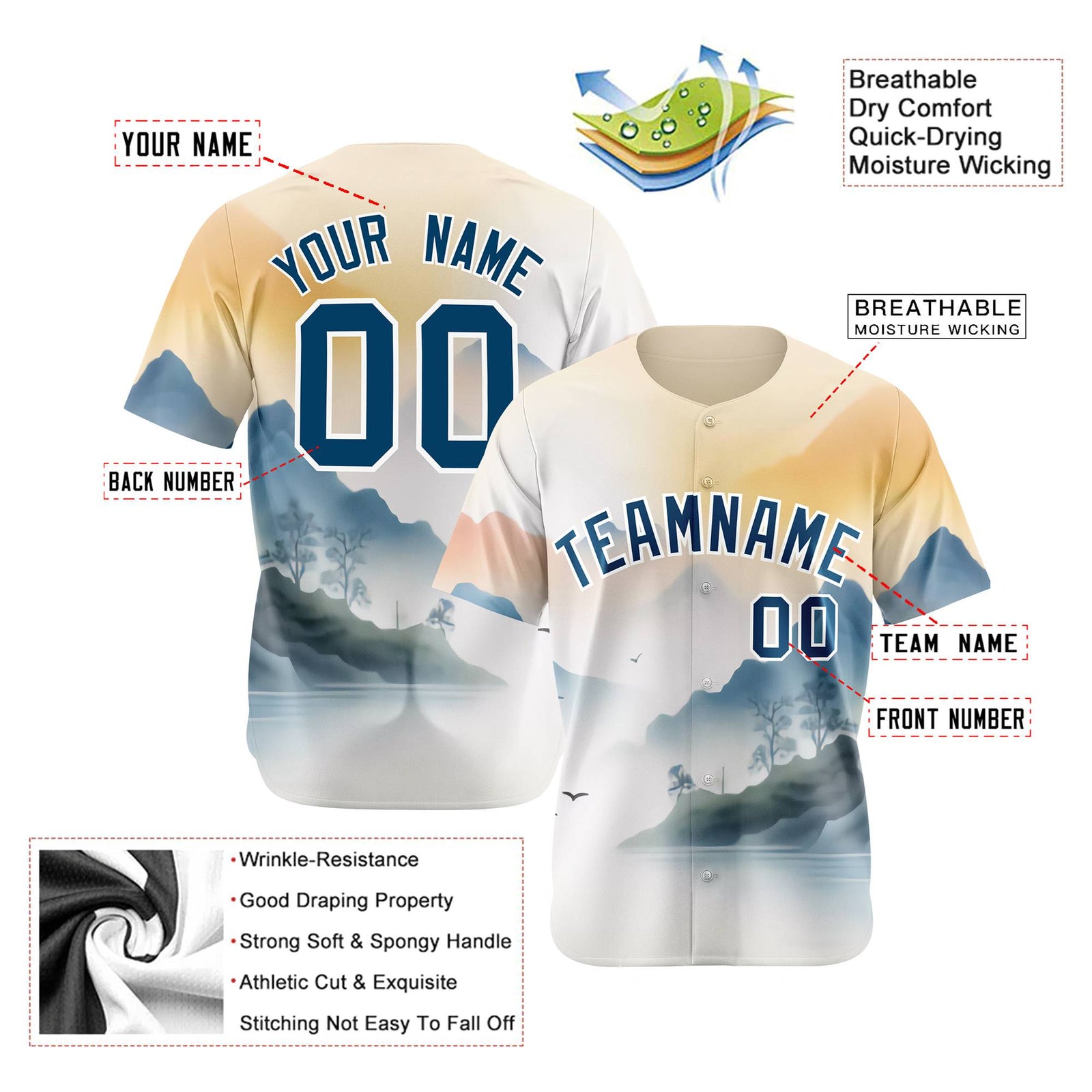 Custom White Light Blue Orange Authentic Printed Fashion Baseball Jersey