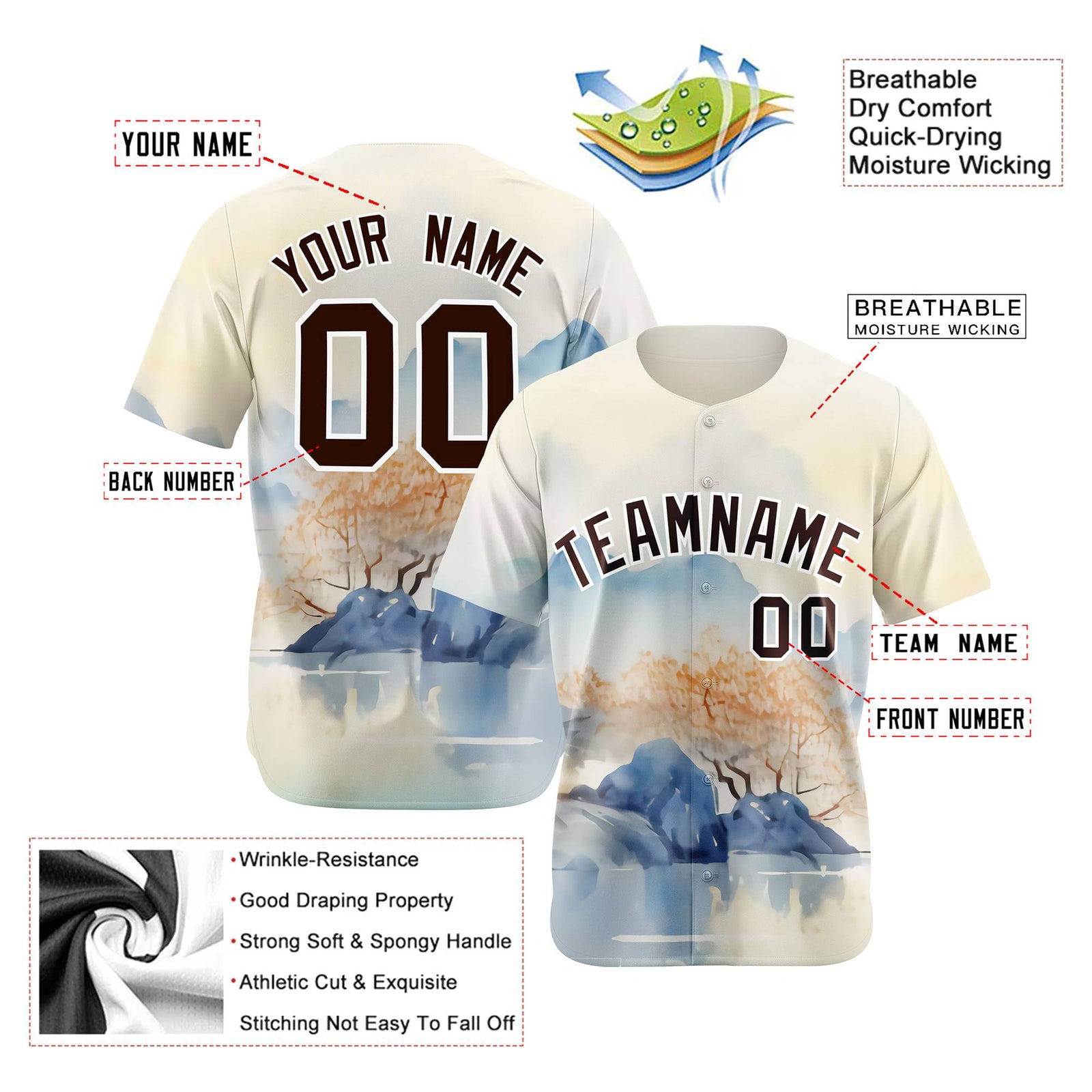 Custom White Brown Light Blue Authentic Printed Fashion Baseball Jersey