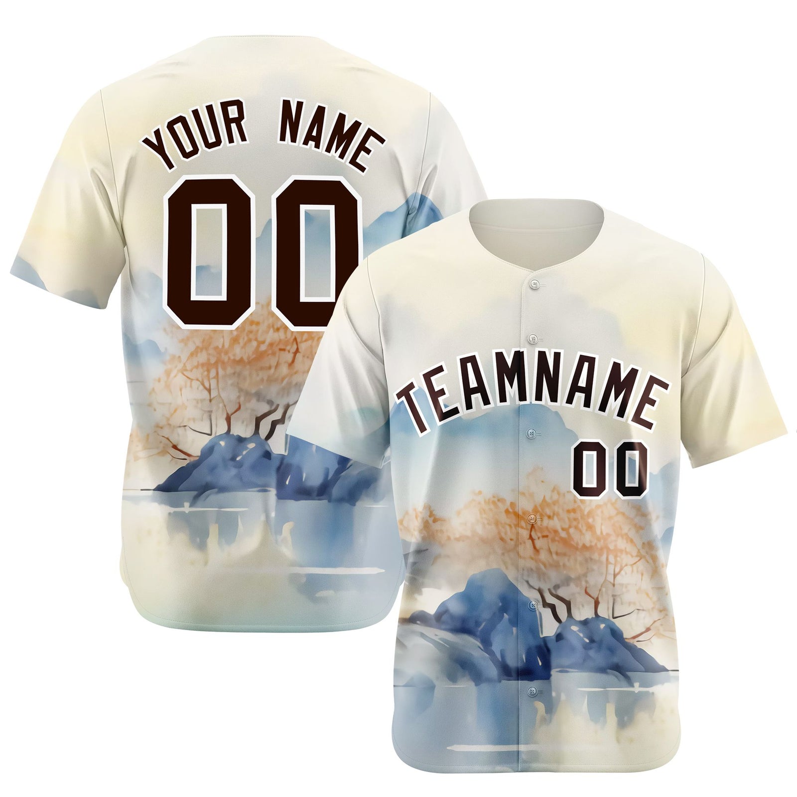 Custom White Brown Light Blue Authentic Printed Fashion Baseball Jersey