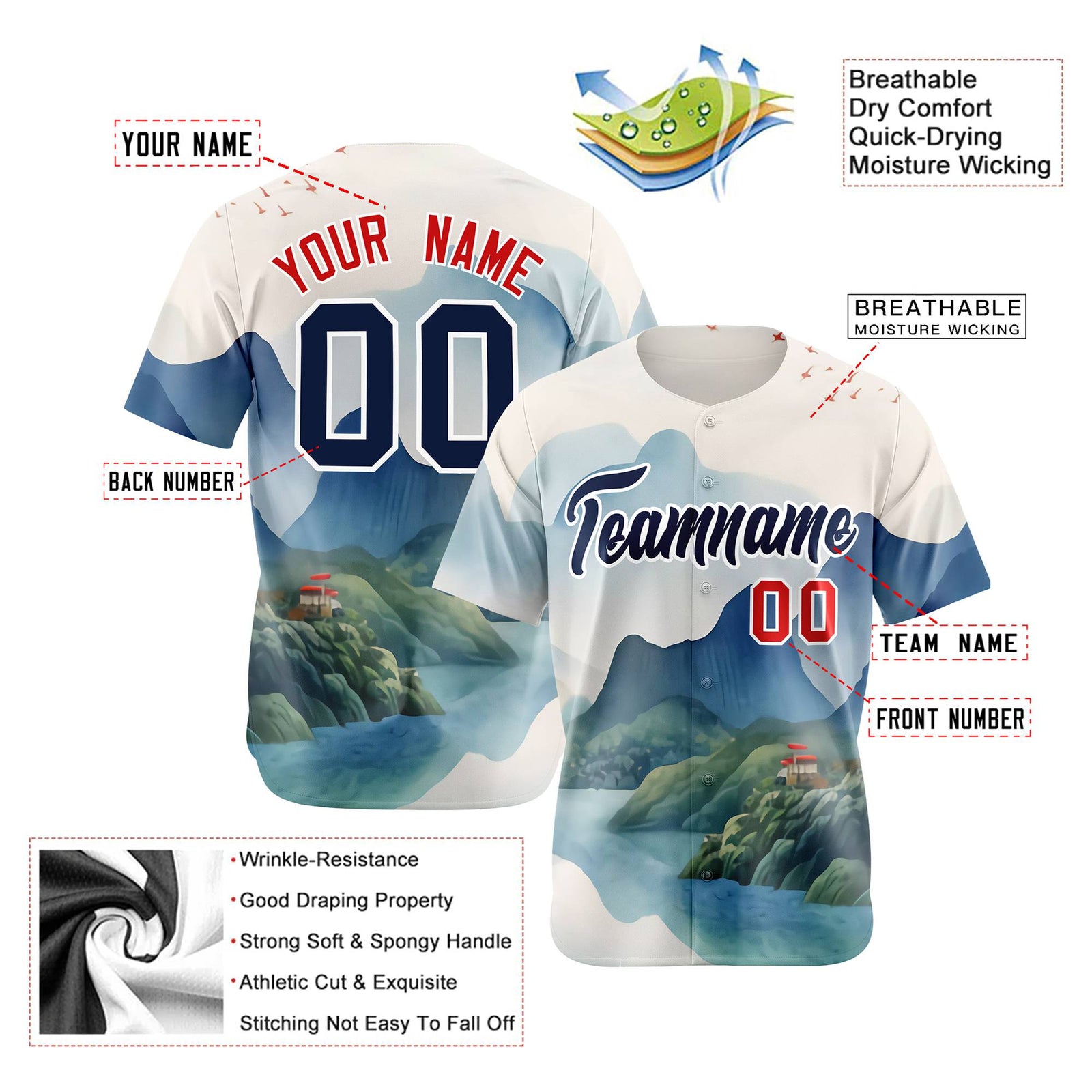 Custom White Navy Light Blue Authentic Printed Fashion Baseball Jersey