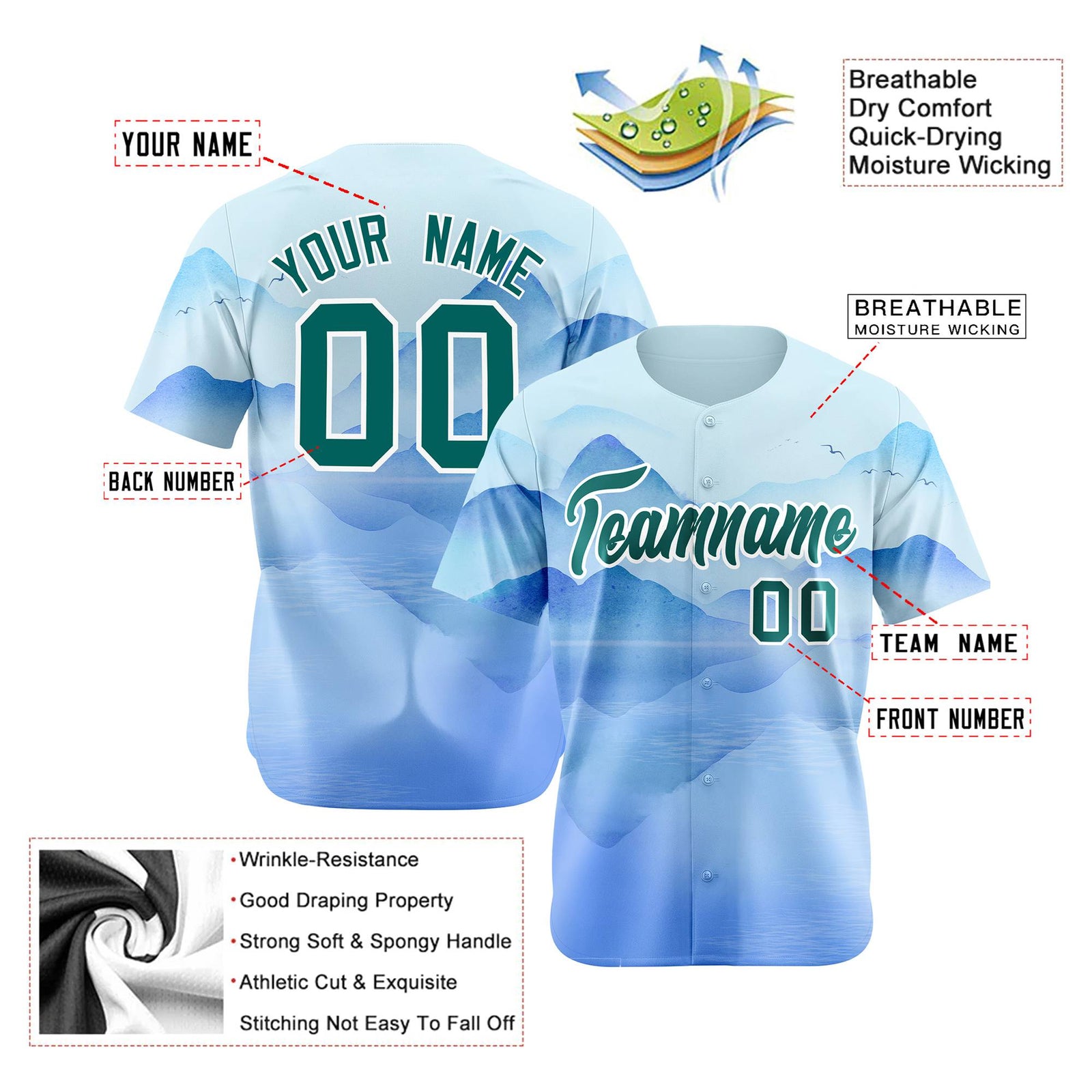 Custom White Kelly Green Blue Authentic Printed Fashion Baseball Jersey