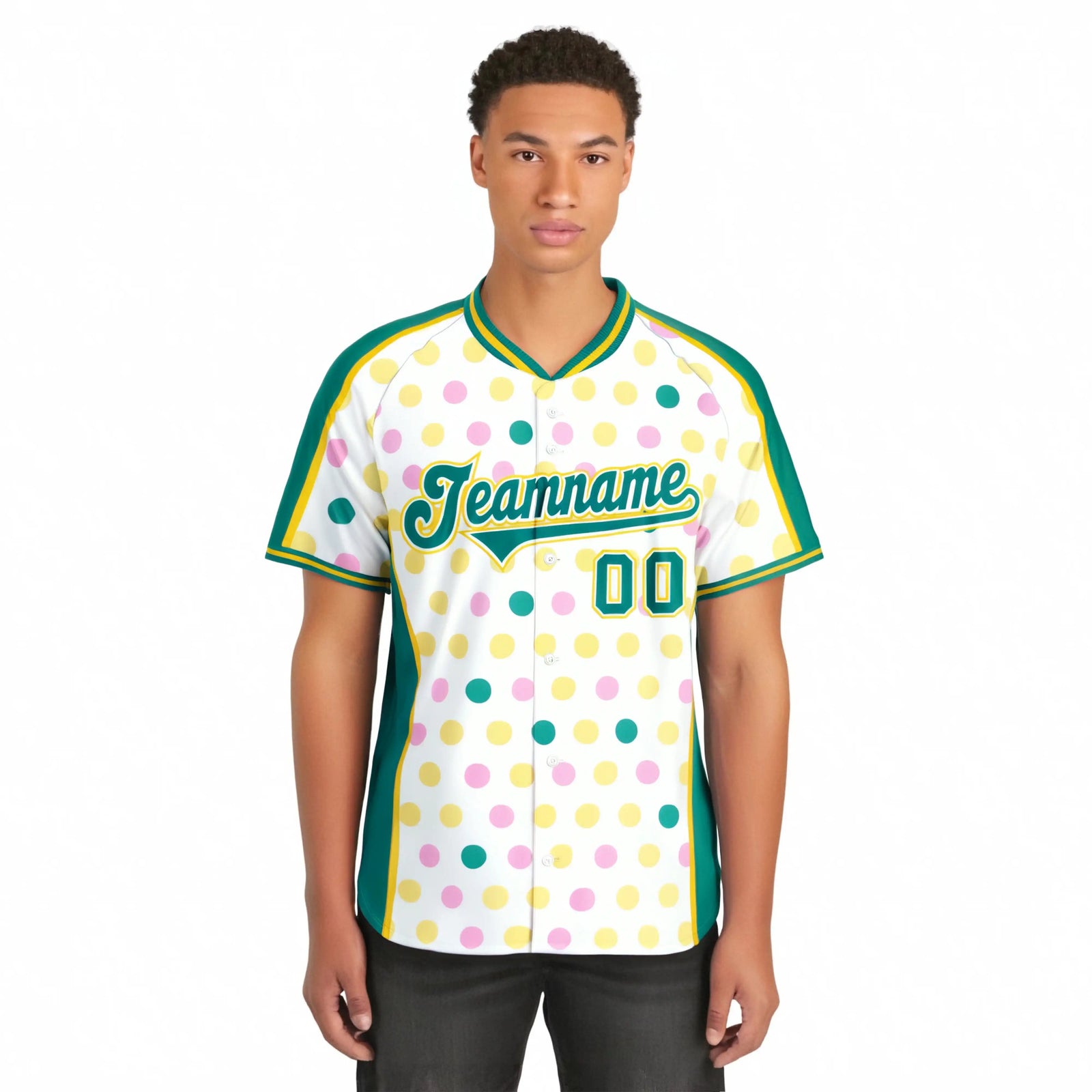 Custom White Aqua Gold Authentic Polka Dot Fashion Baseball Jersey