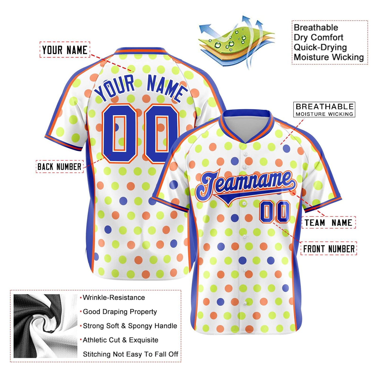 Custom White Royal Blue Orange Authentic Polka Dot Fashion Baseball Jersey