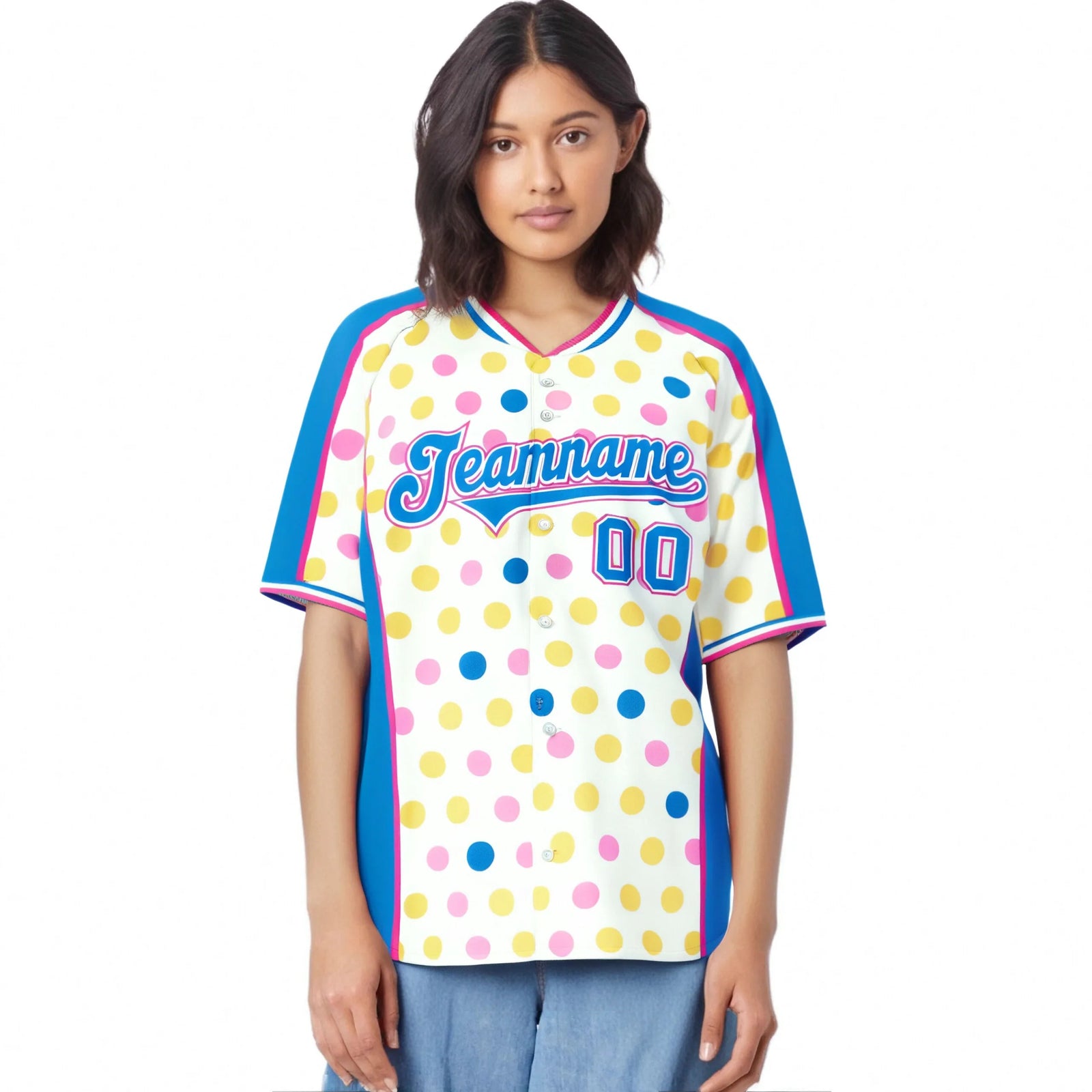Custom White Powder Blue Pink Gold Authentic Polka Dot Fashion Baseball Jersey