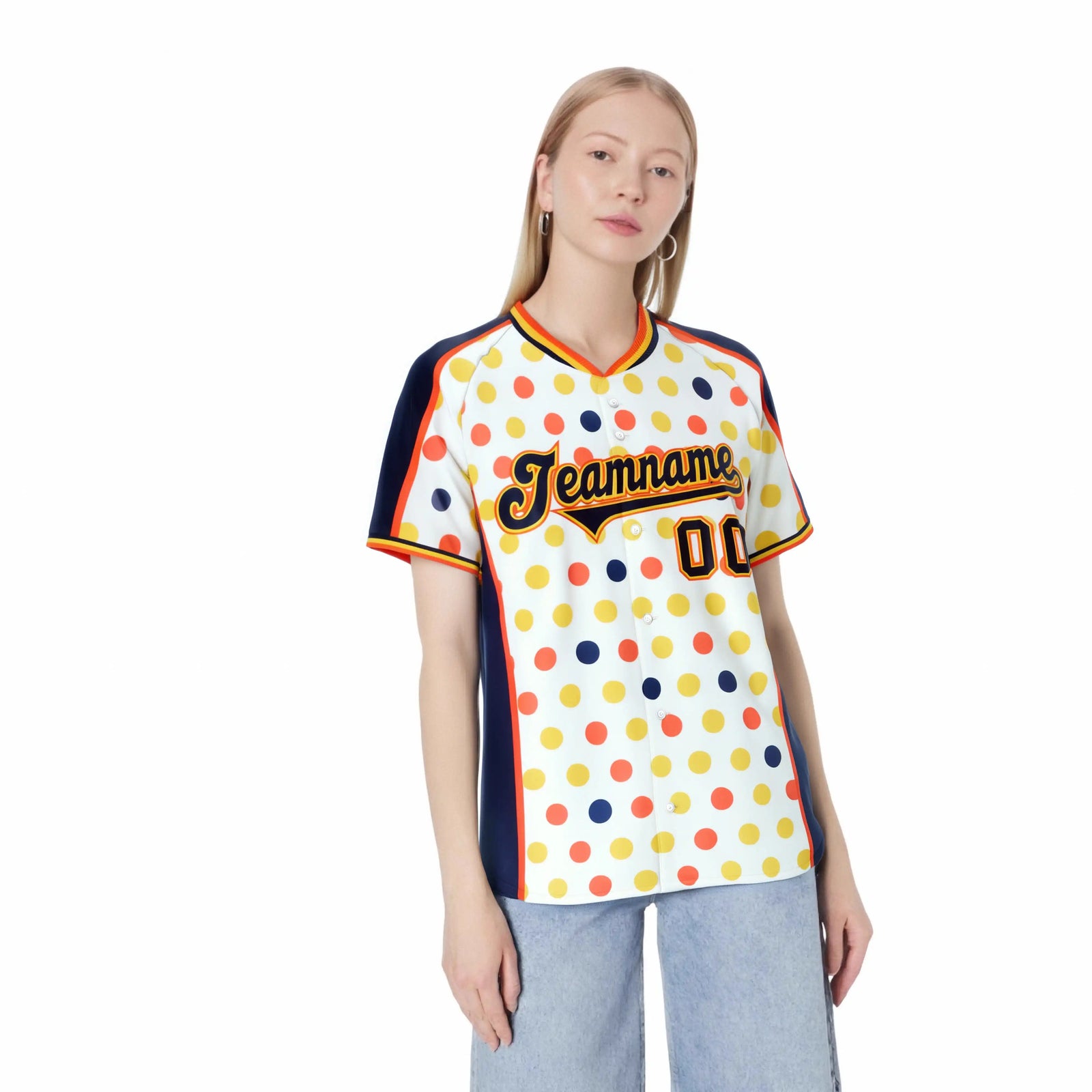 Custom White Navy Orange Gold Authentic Polka Dot Fashion Baseball Jersey