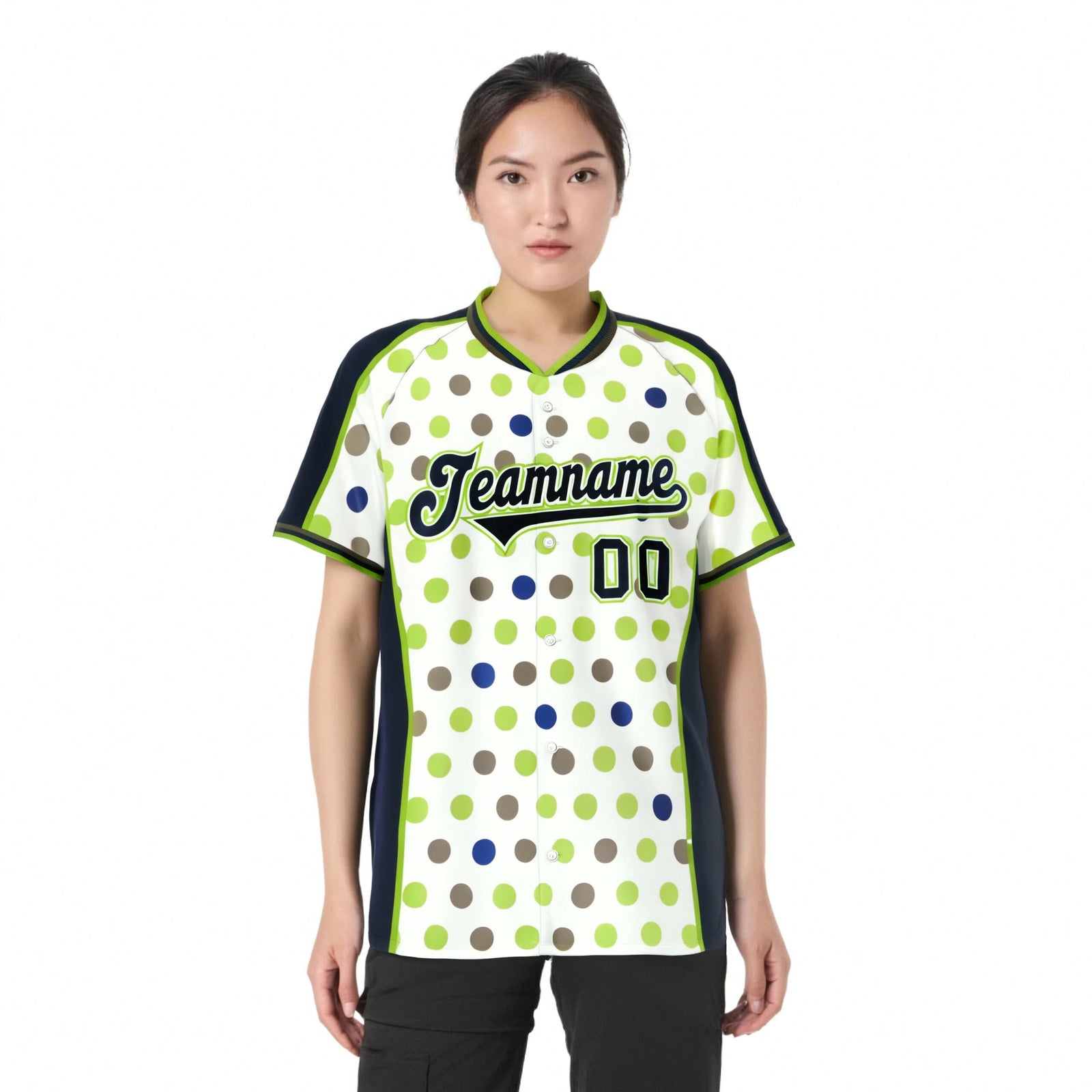 Custom White Navy Neon Green Authentic Polka Dot Fashion Baseball Jersey