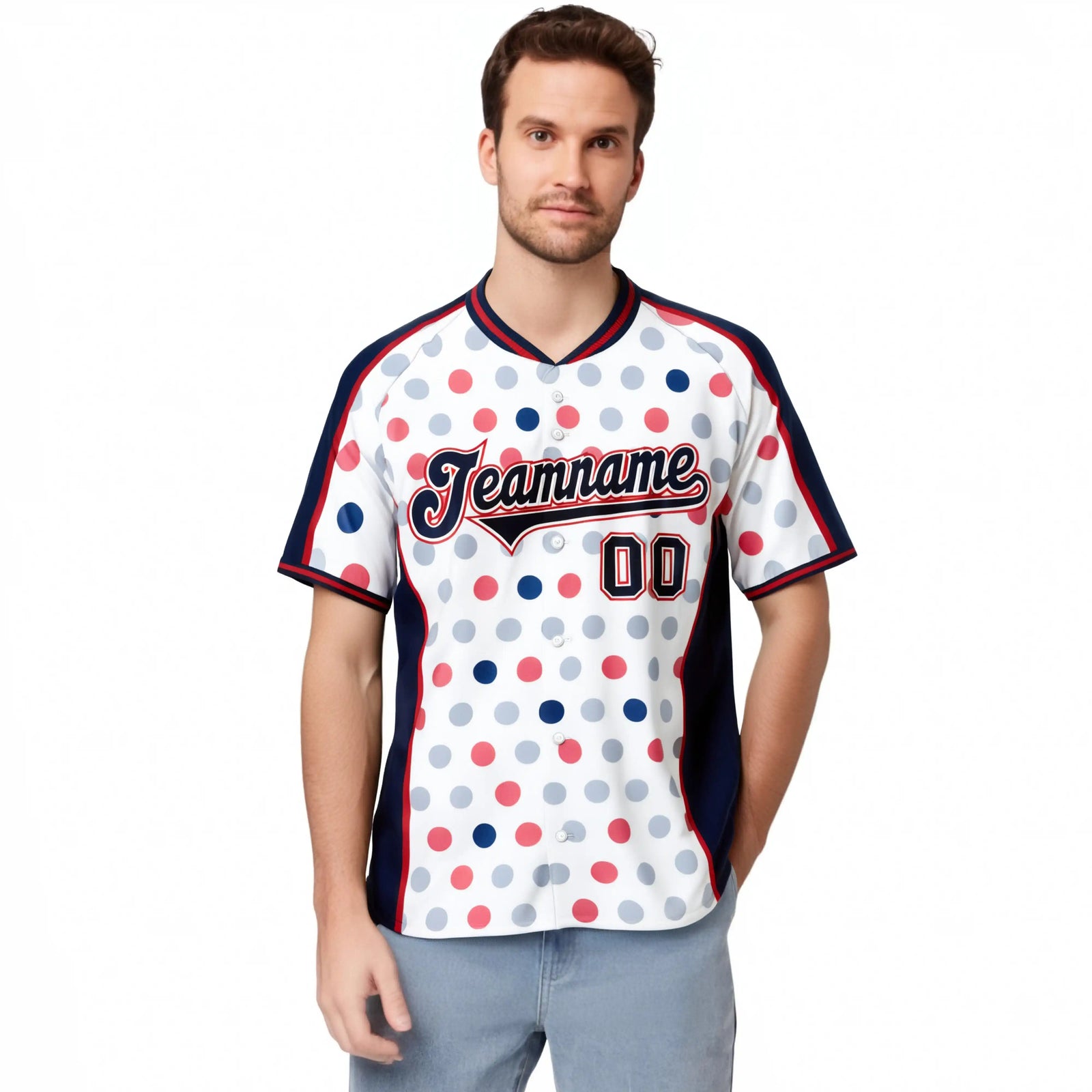 Custom White Navy Red Authentic Polka Dot Fashion Baseball Jersey
