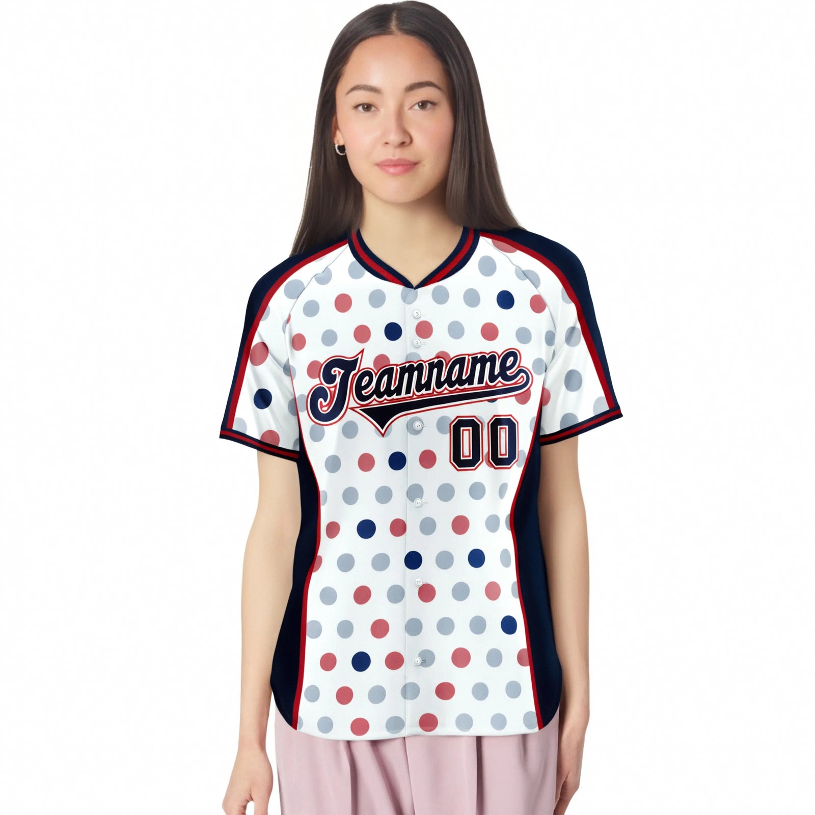 Custom White Navy Red Authentic Polka Dot Fashion Baseball Jersey