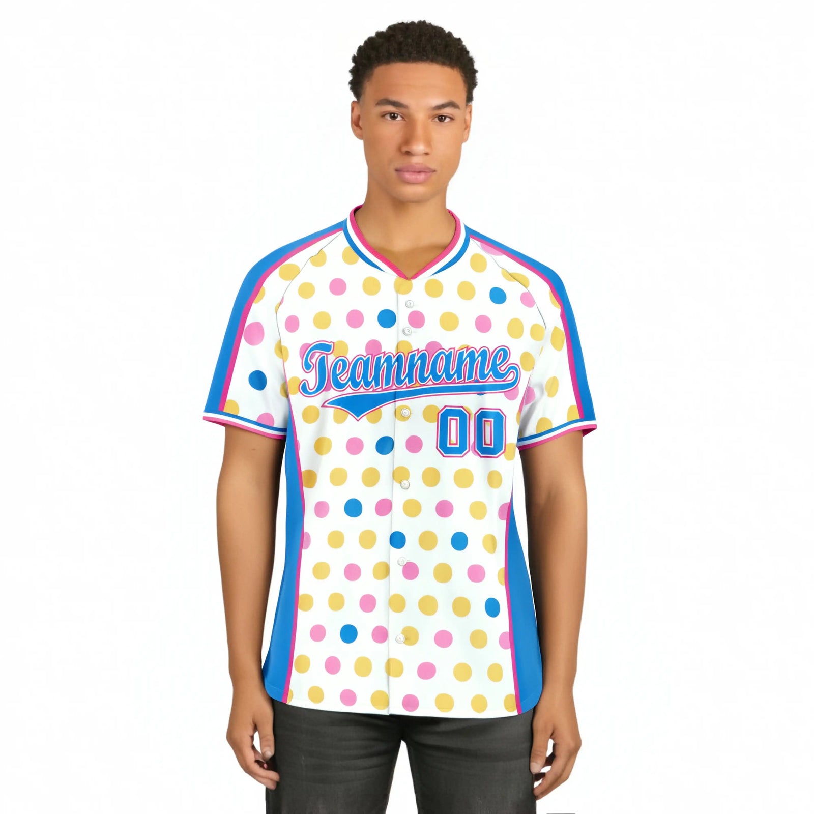 Custom White Powder Blue Pink Gold Authentic Polka Dot Fashion Baseball Jersey