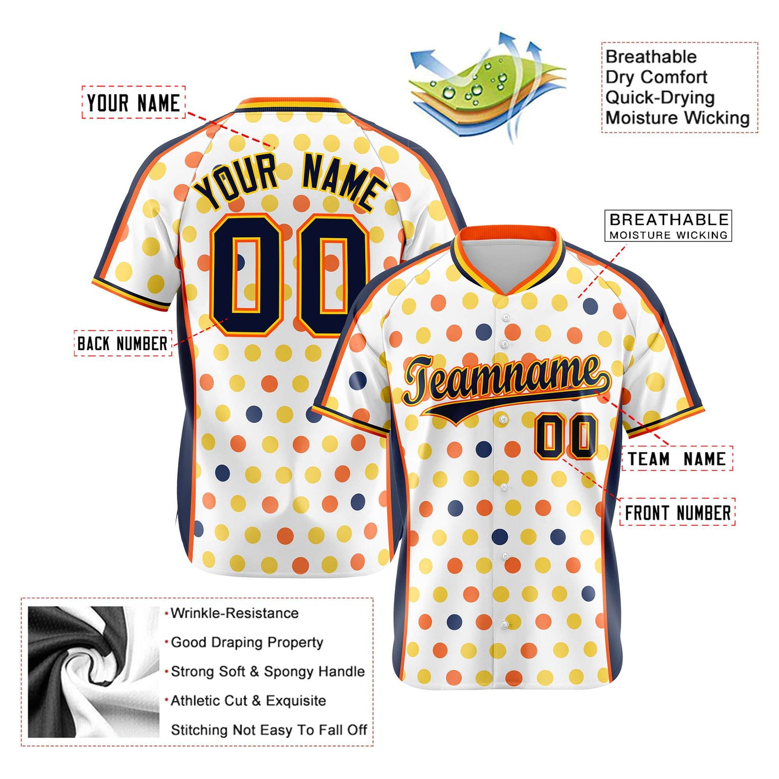 Custom White Navy Orange Gold Authentic Polka Dot Fashion Baseball Jersey