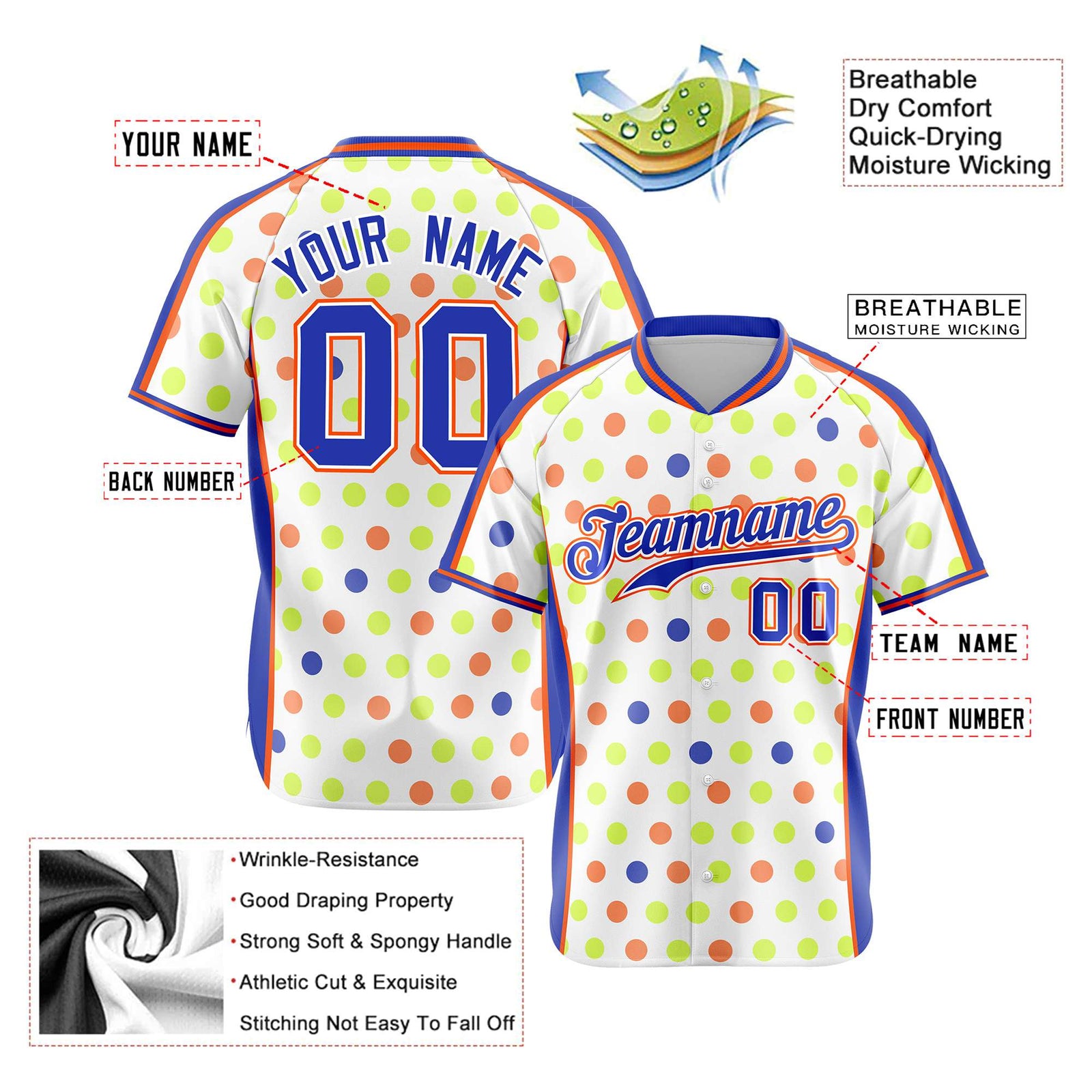 Custom White Royal Blue Orange Authentic Polka Dot Fashion Baseball Jersey