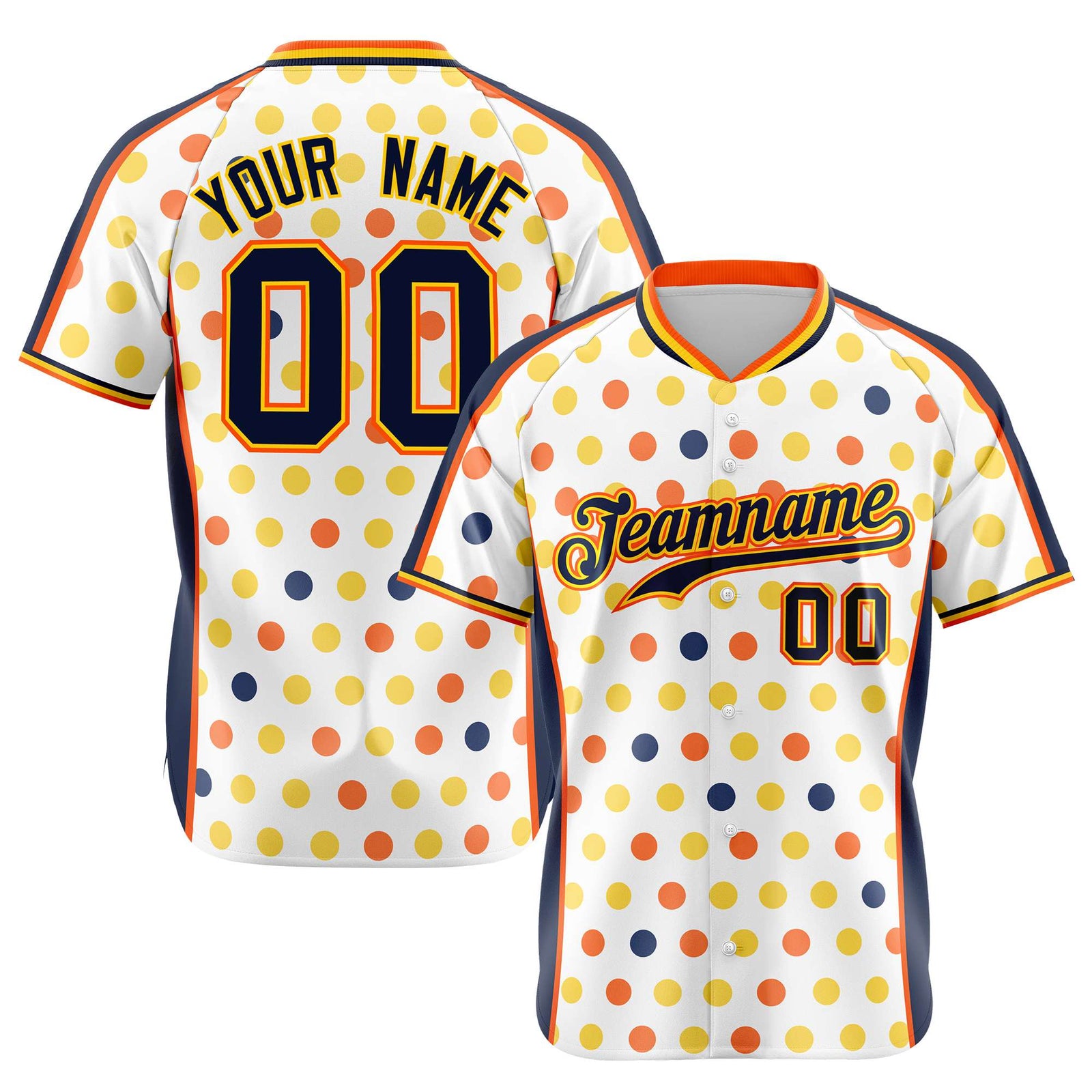 Custom White Navy Orange Gold Authentic Polka Dot Fashion Baseball Jersey