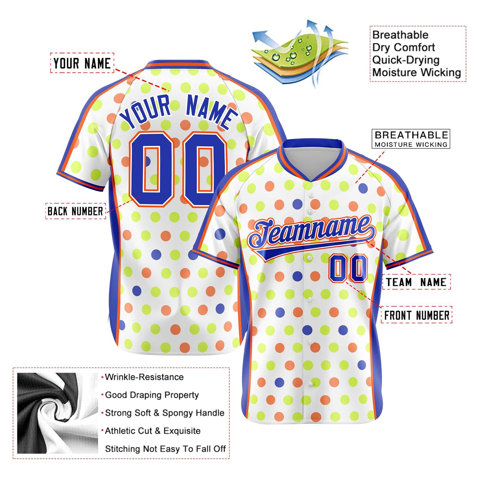 Custom White Royal Blue Orange Authentic Polka Dot Fashion Baseball Jersey