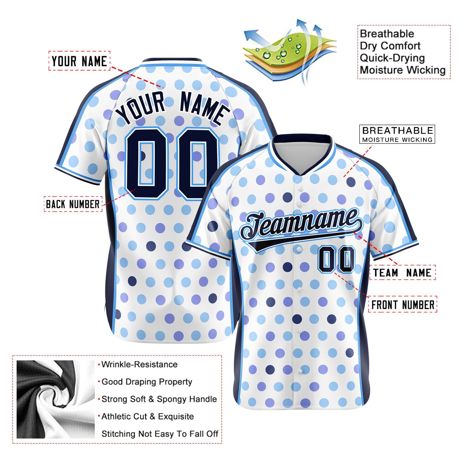Custom White Navy Powder Blue Navy Authentic Polka Dot Fashion Baseball Jersey