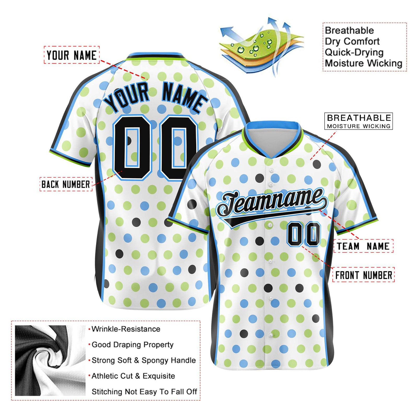Custom White Black Powder Blue Authentic Polka Dot Fashion Baseball Jersey
