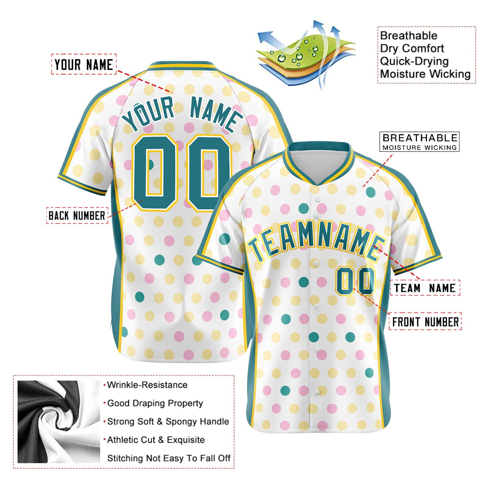 Custom White Aqua Gold Authentic Polka Dot Fashion Baseball Jersey