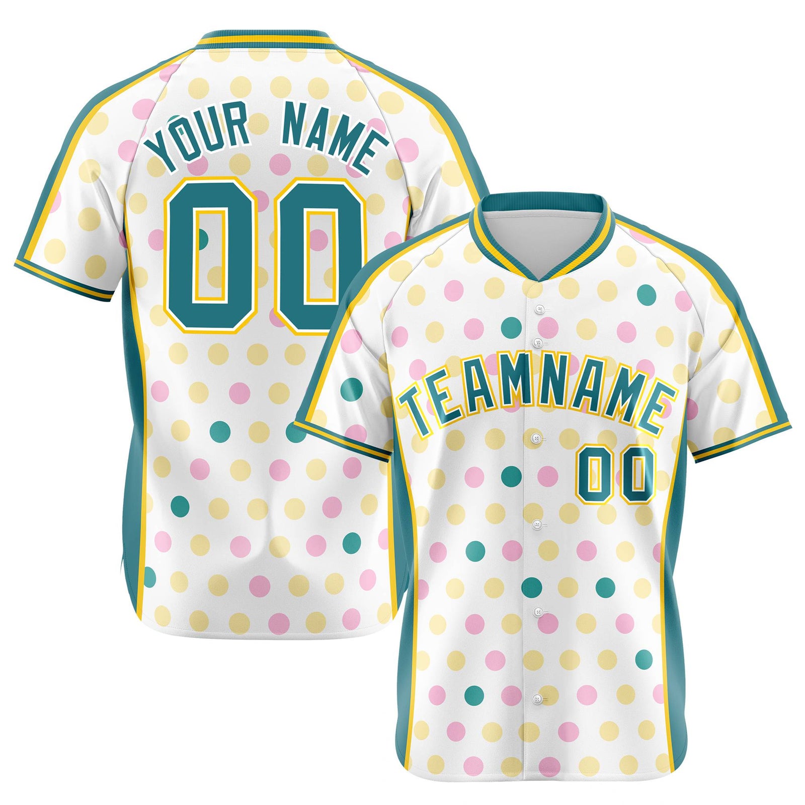 Custom White Aqua Gold Authentic Polka Dot Fashion Baseball Jersey