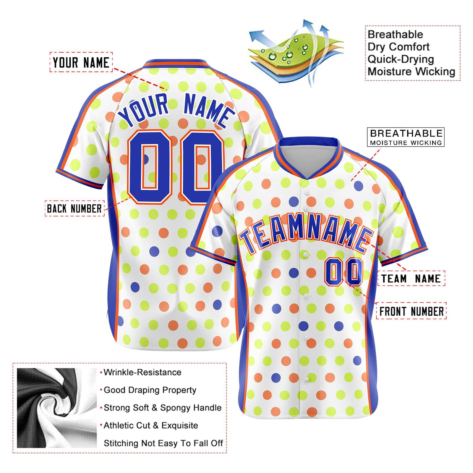 Custom White Royal Blue Orange Authentic Polka Dot Fashion Baseball Jersey