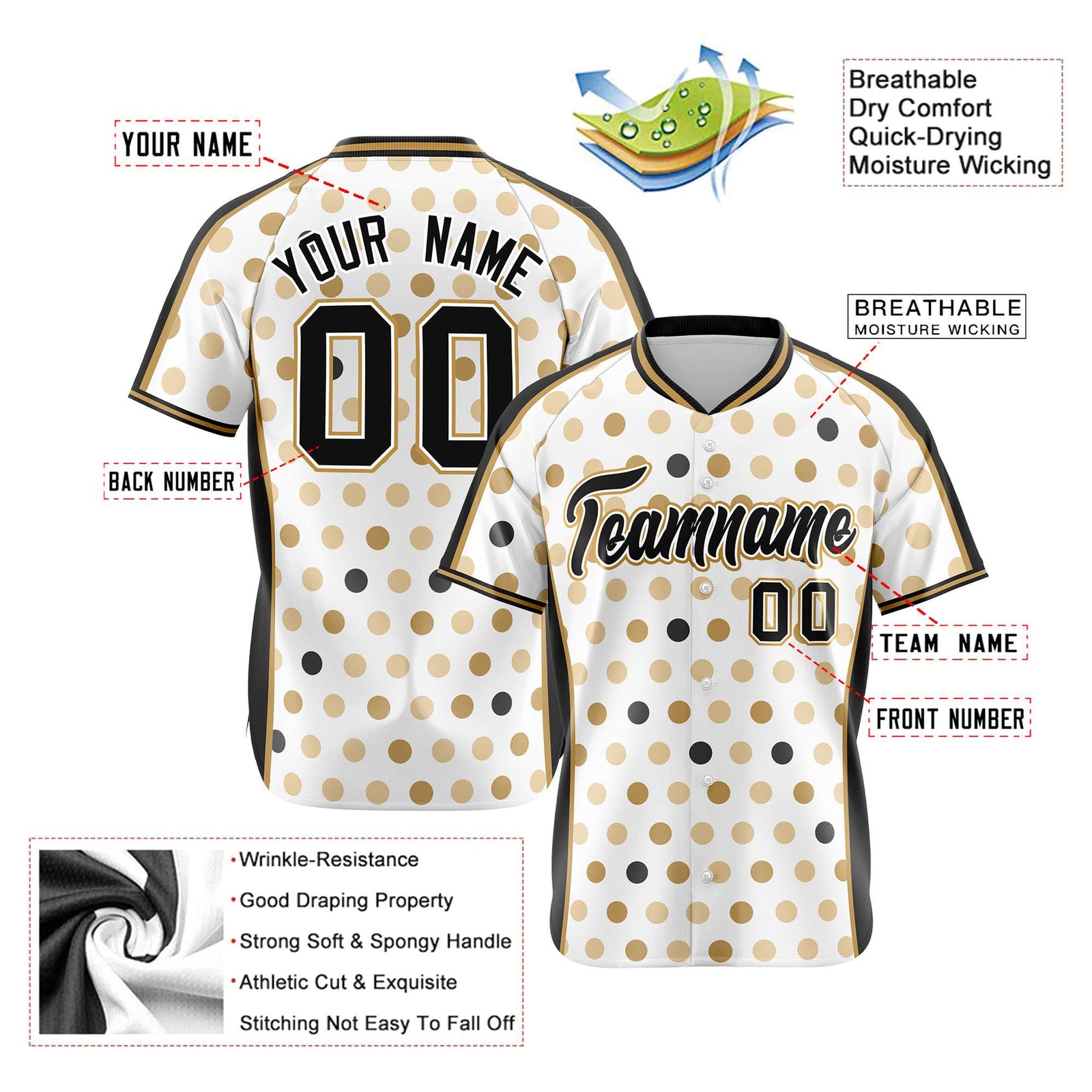 Custom White Black Old Gold Authentic Polka Dot Fashion Baseball Jersey