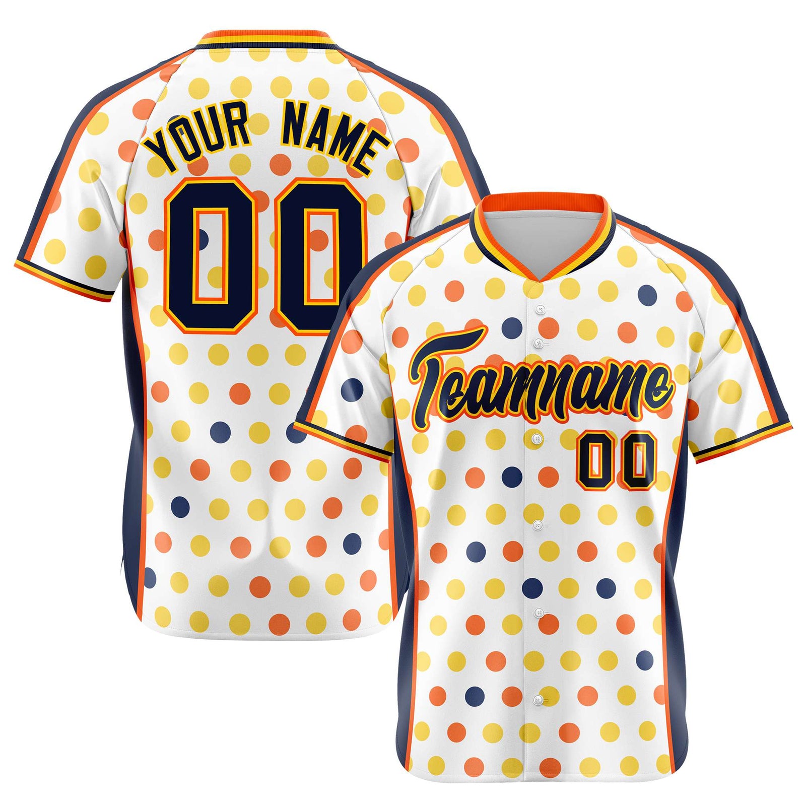 Custom White Navy Orange Gold Authentic Polka Dot Fashion Baseball Jersey