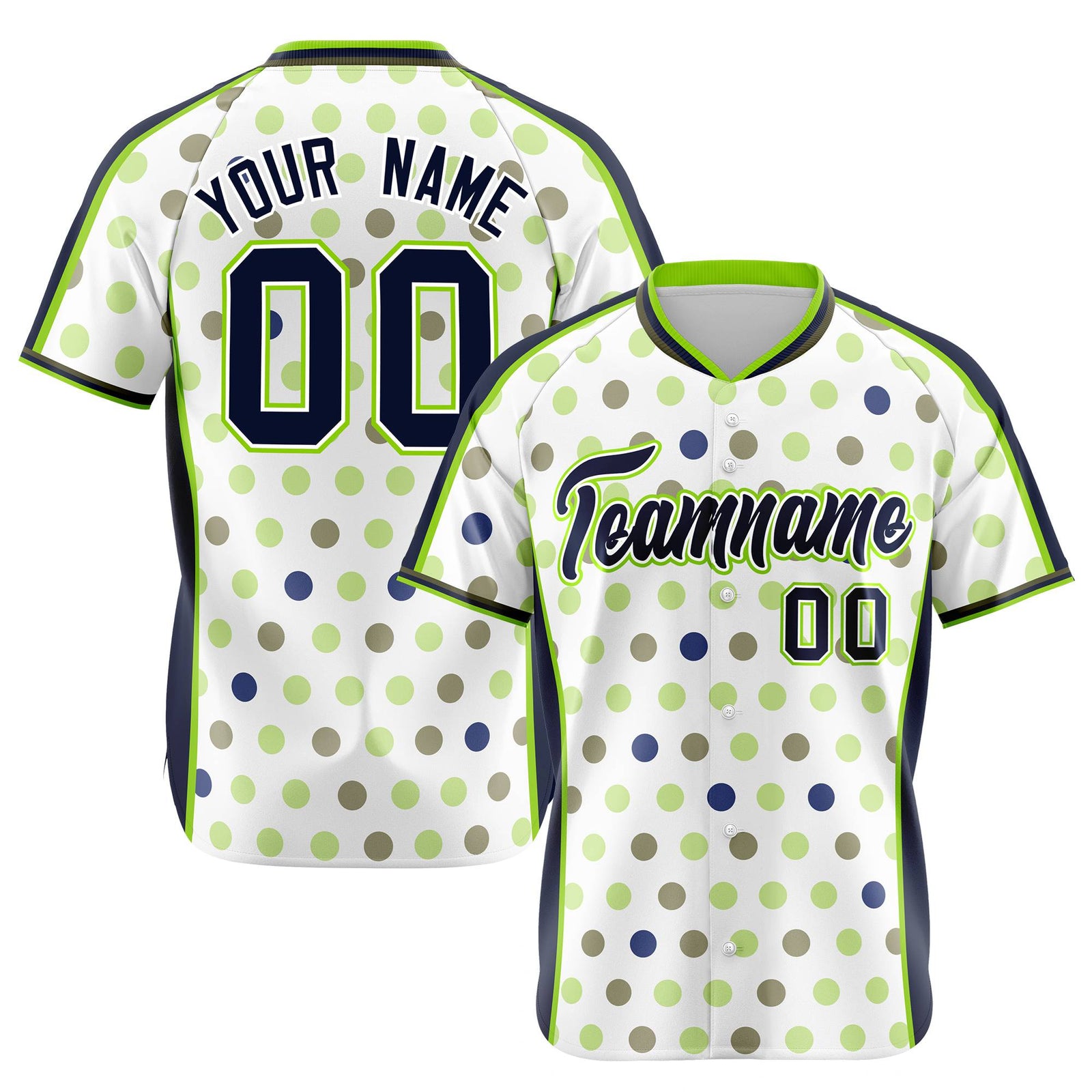 Custom White Navy Neon Green Authentic Polka Dot Fashion Baseball Jersey
