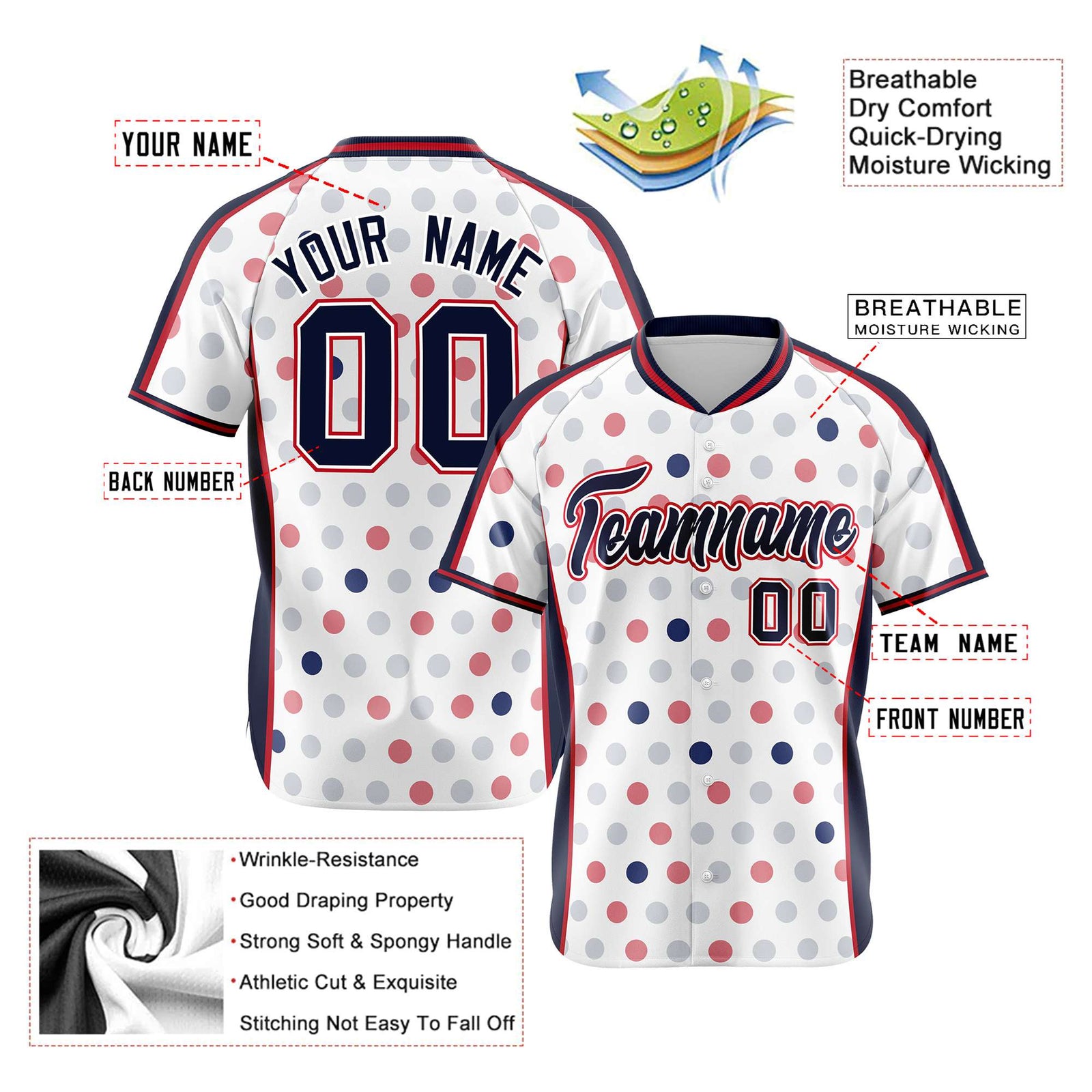 Custom White Navy Red Authentic Polka Dot Fashion Baseball Jersey
