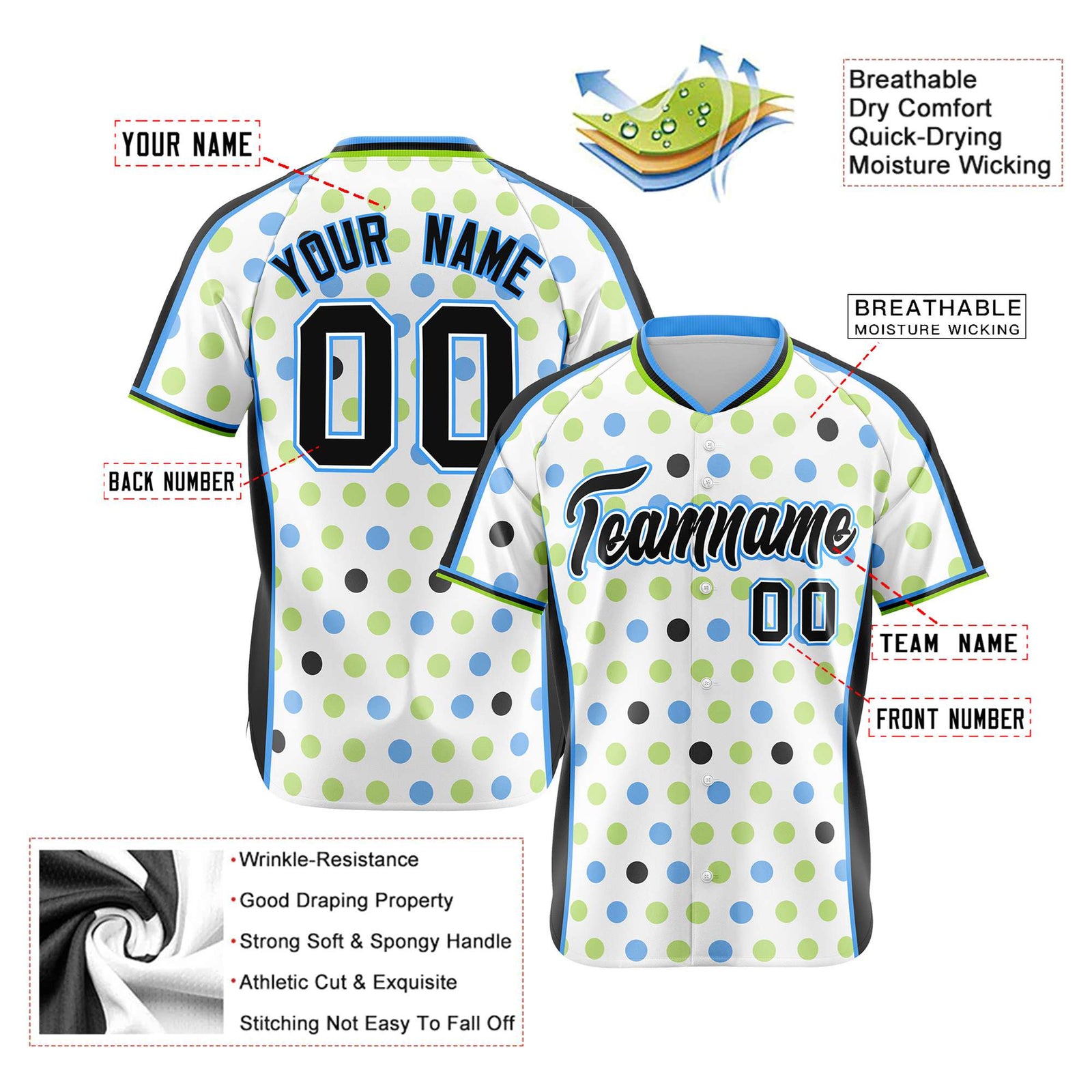 Custom White Black Powder Blue Authentic Polka Dot Fashion Baseball Jersey