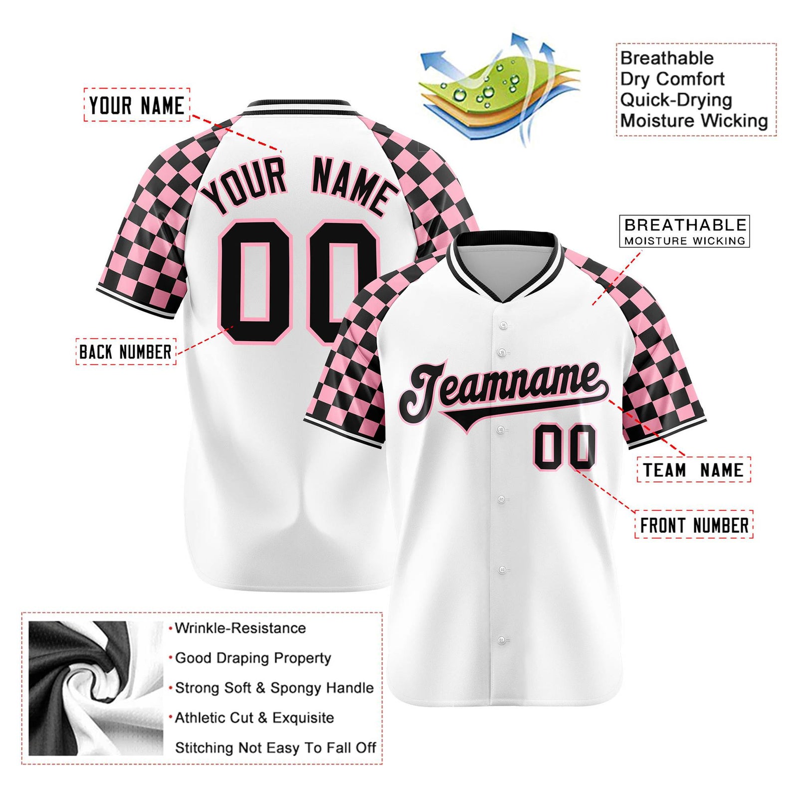 Custom White Light Pink-Black Authentic Plaid sleeve Baseball Jersey