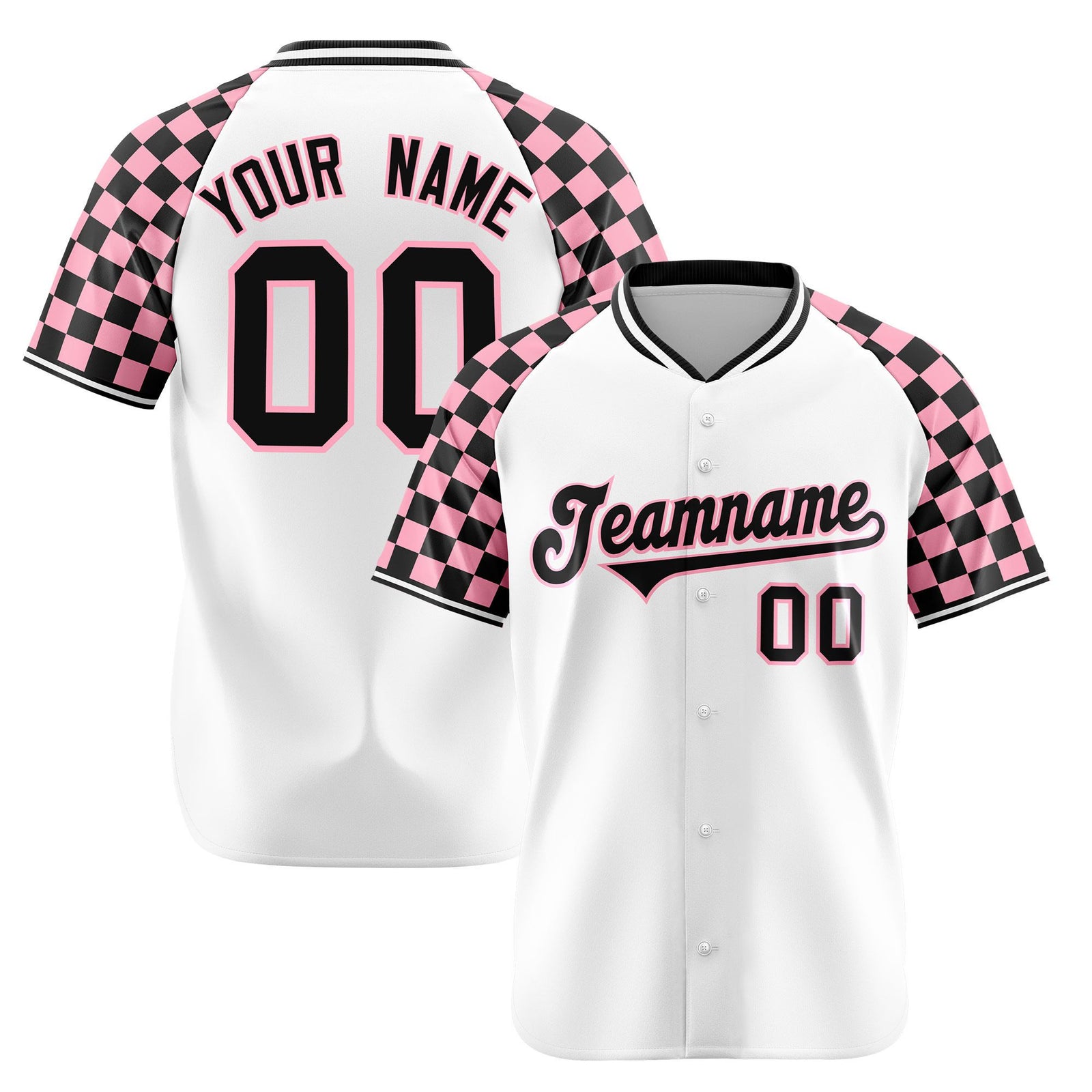 Custom White Light Pink-Black Authentic Plaid sleeve Baseball Jersey