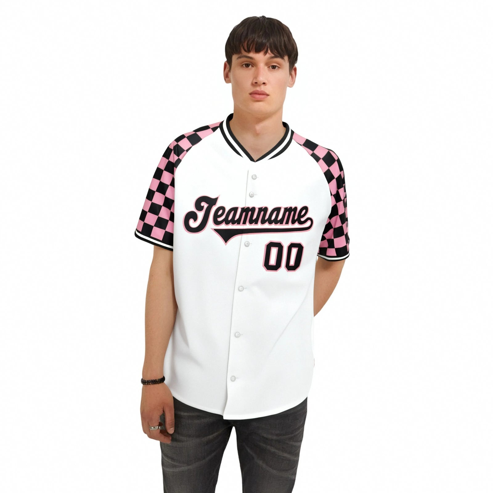 Custom White Light Pink-Black Authentic Plaid sleeve Baseball Jersey