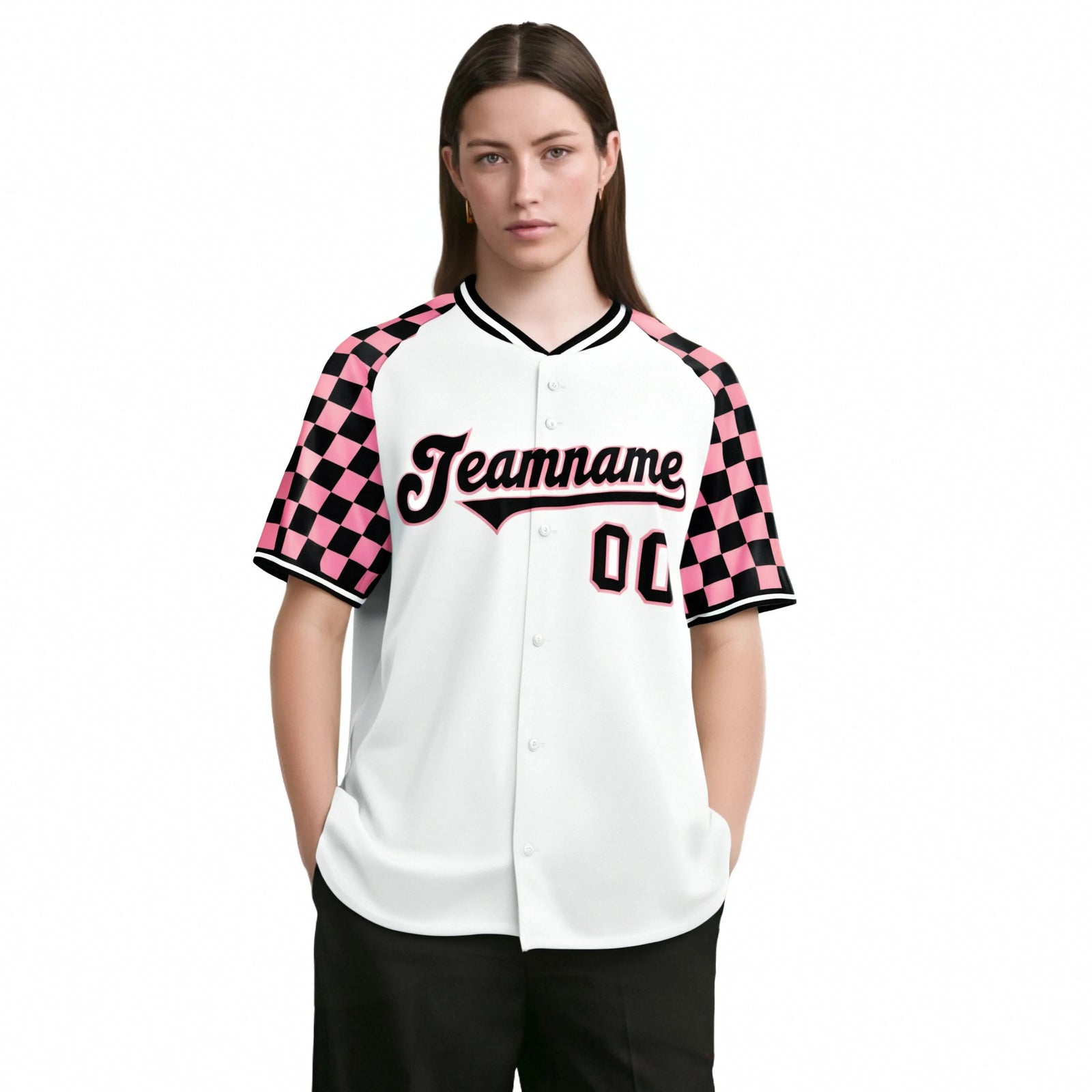 Custom White Light Pink-Black Authentic Plaid sleeve Baseball Jersey