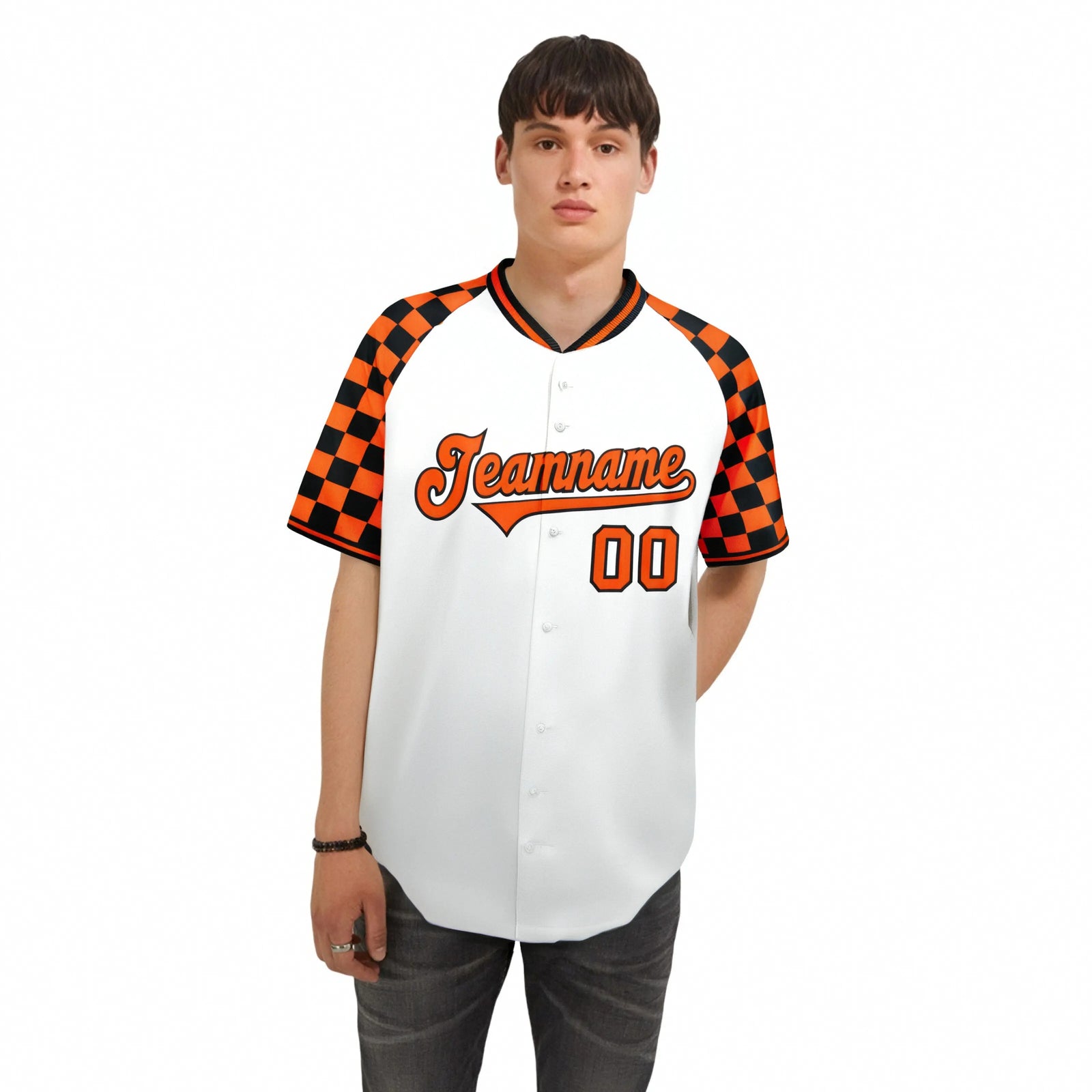 Custom White Orange-Black Authentic Plaid sleeve Baseball Jersey